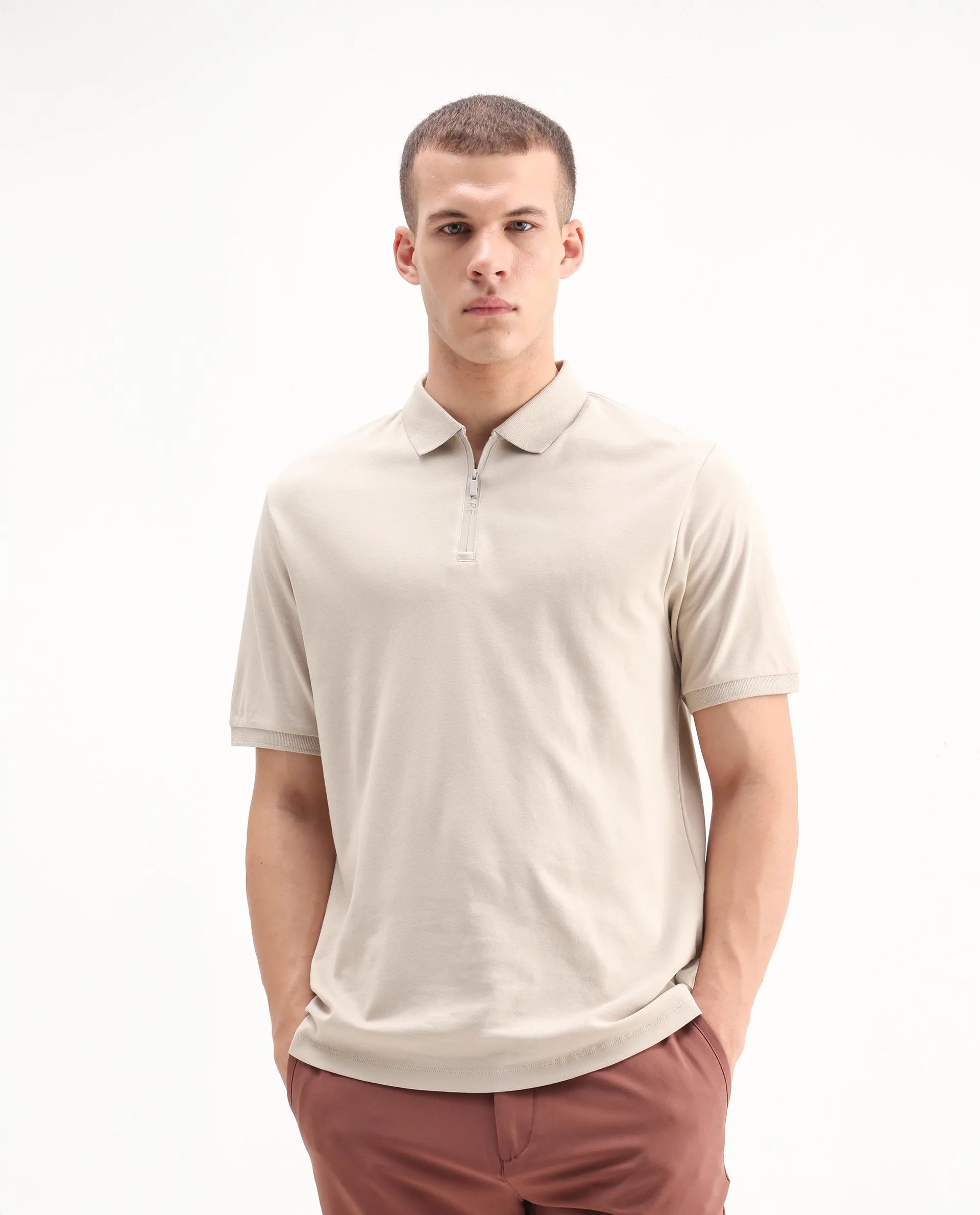 Rare Rabbit Men's Holit Dusky Beige Cotton Plain Regular Fit Half Sleeve Polo