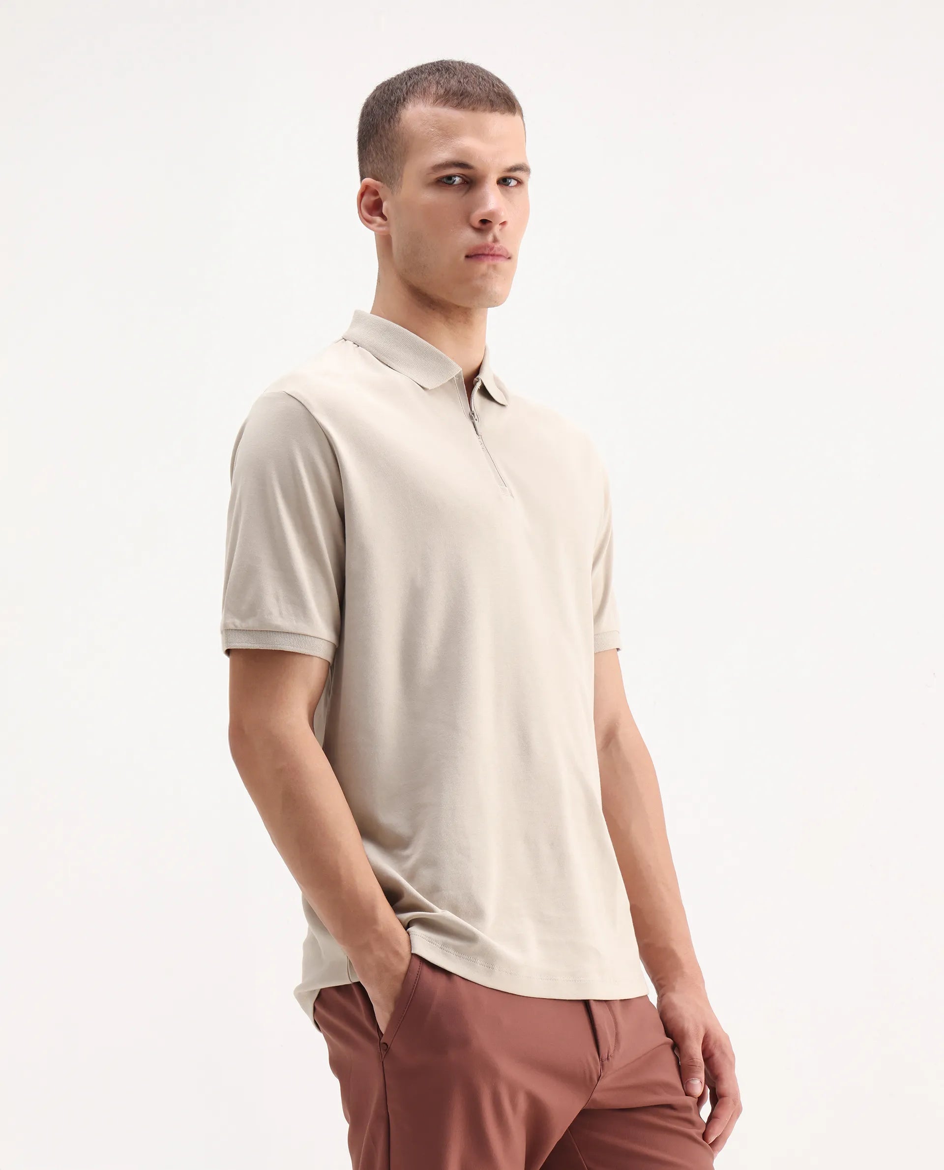 Rare Rabbit Men's Holit Dusky Beige Cotton Plain Regular Fit Half Sleeve Polo