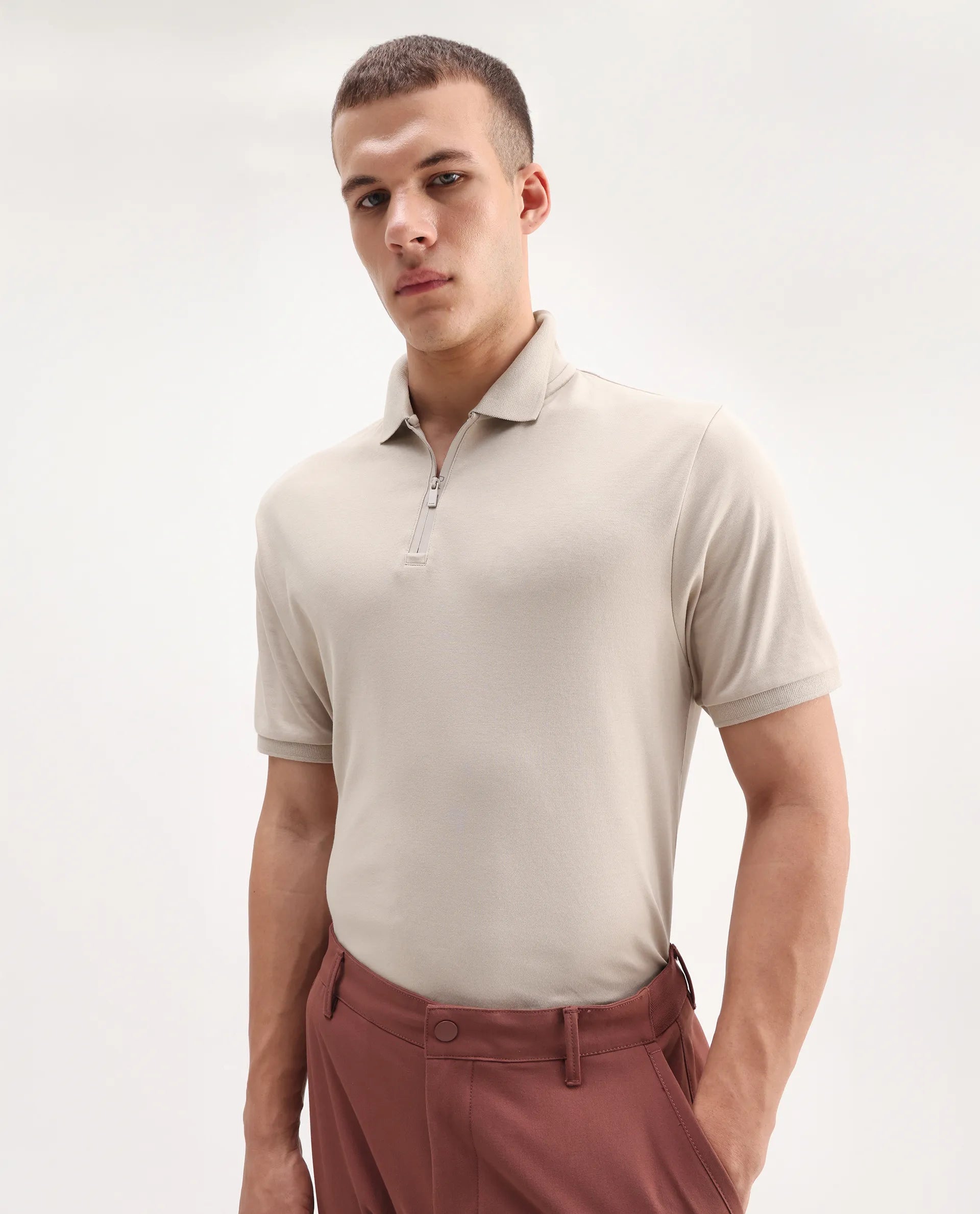 Rare Rabbit Men's Holit Dusky Beige Cotton Plain Regular Fit Half Sleeve Polo
