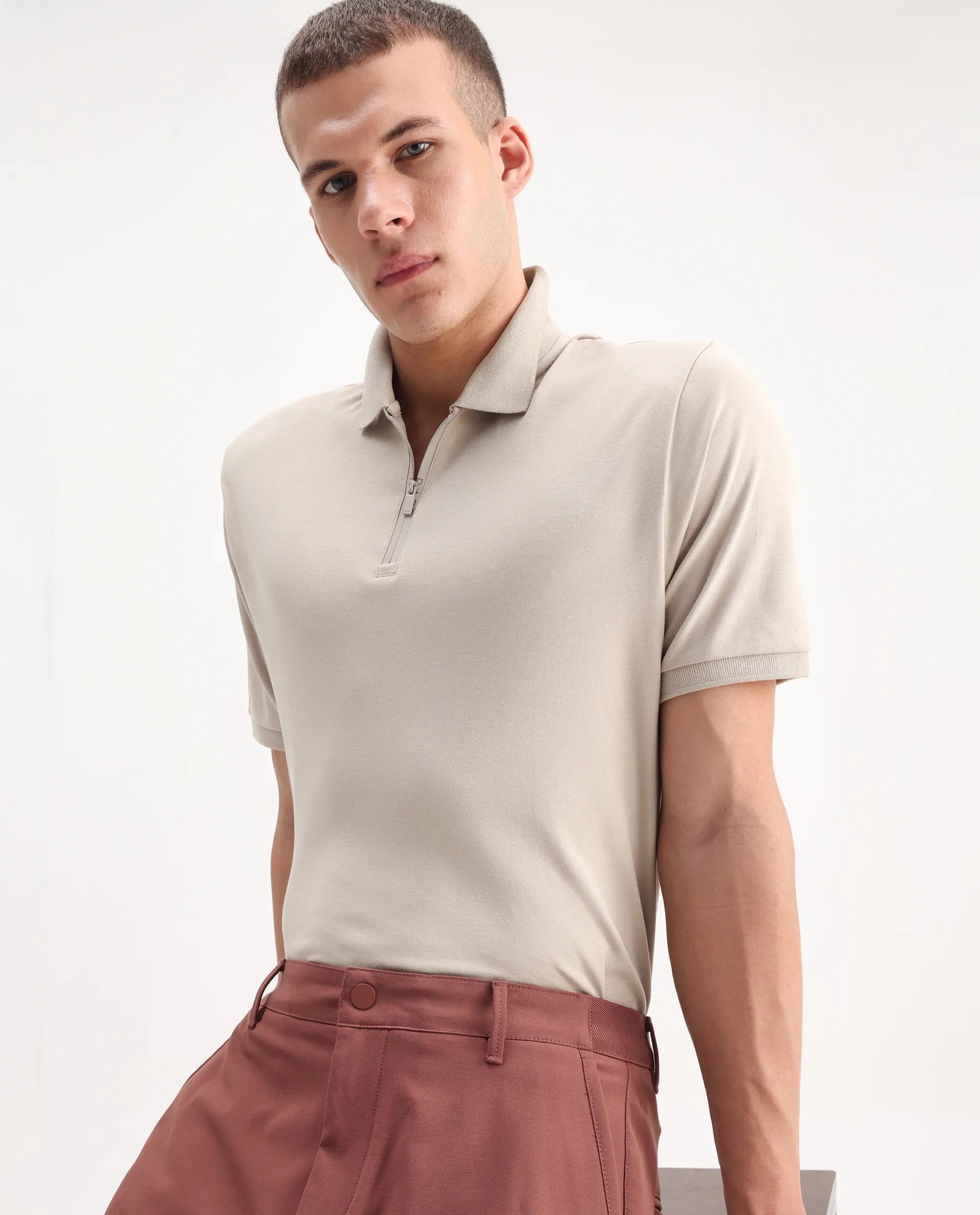 Rare Rabbit Men's Holit Dusky Beige Cotton Plain Regular Fit Half Sleeve Polo