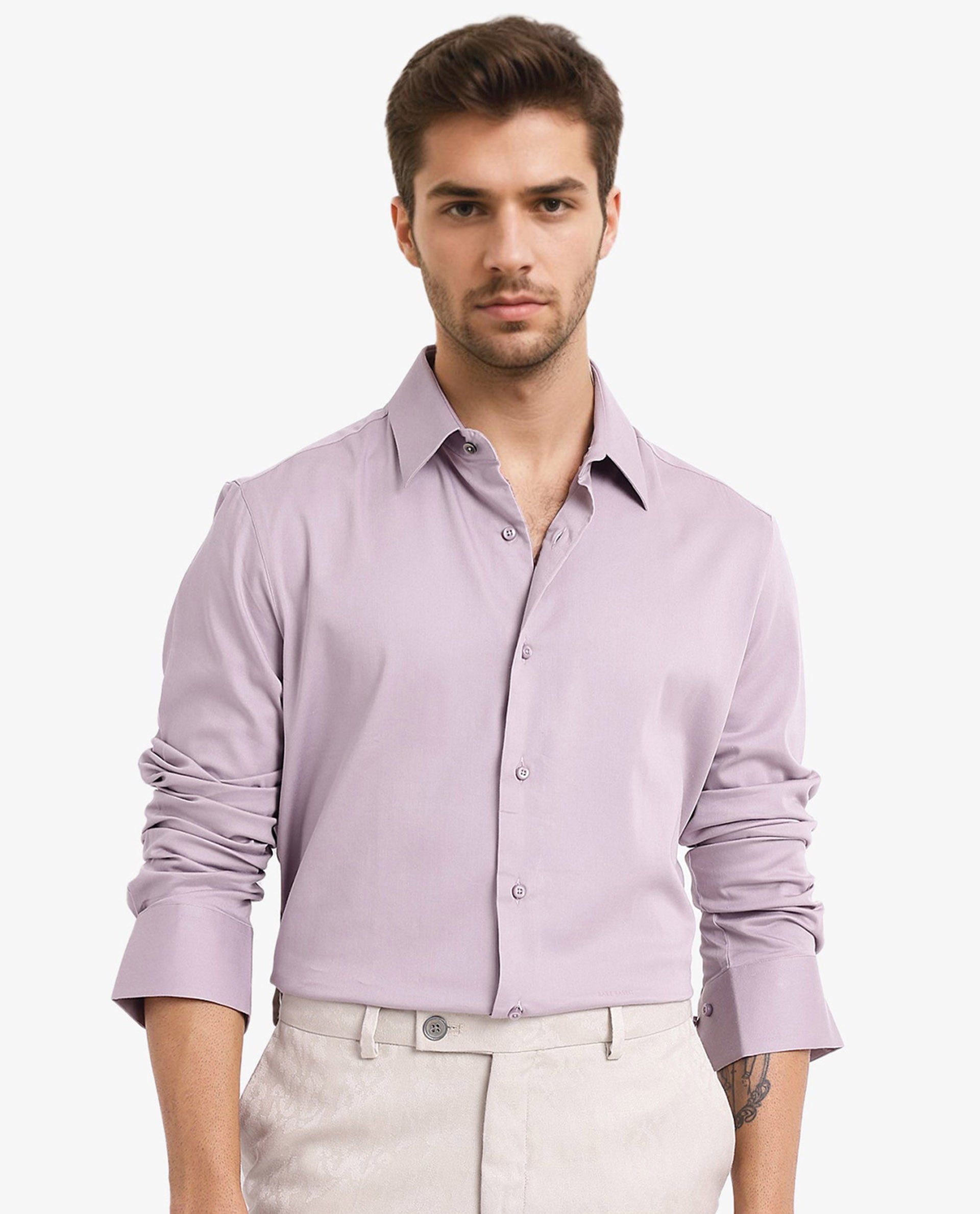 Rare Rabbit Men's Holla Dusky Pink Full Sleeves Regular Fit Satin Stretch Cotton Plain Shirt