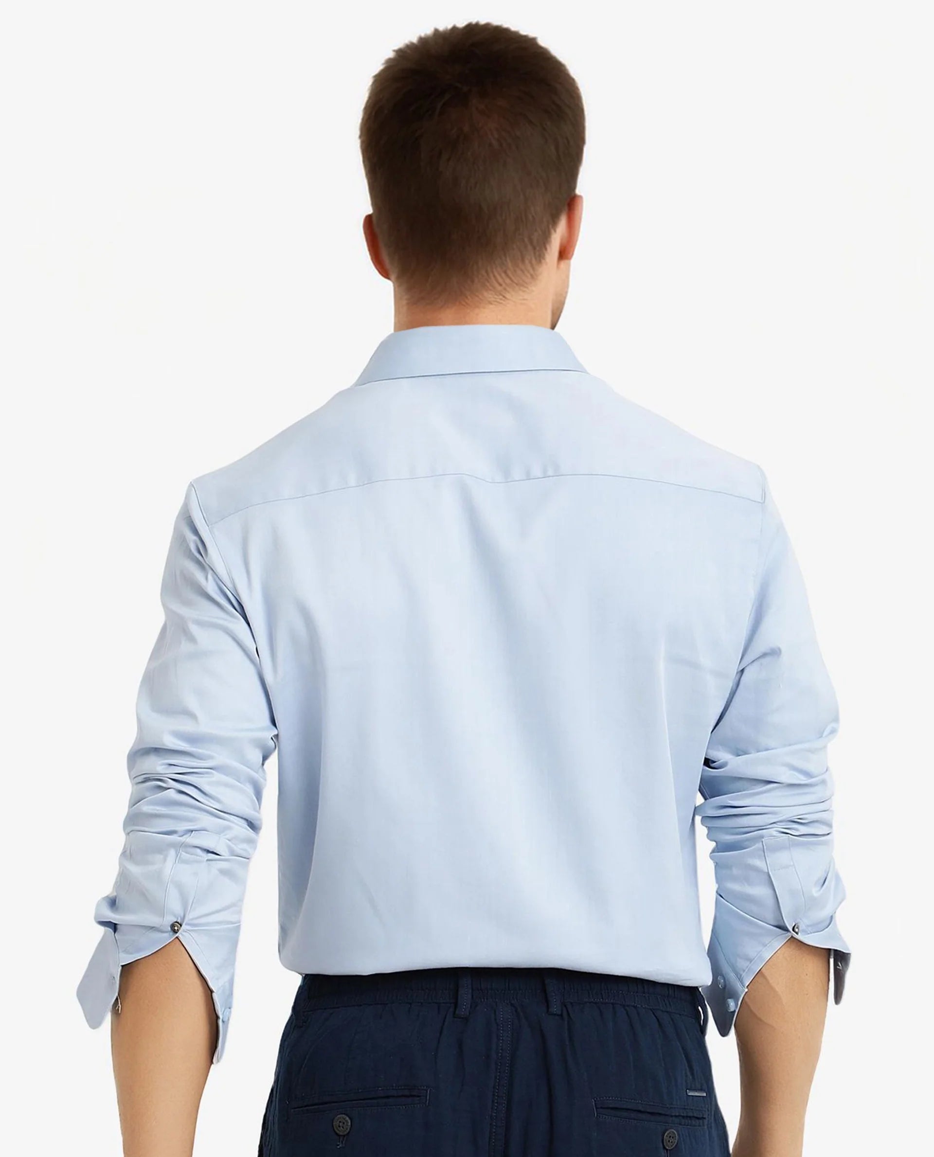 Rare Rabbit Men Holla Light Blue Full Sleeves Regular Fit Satin Stretch Cotton Plain Shirt