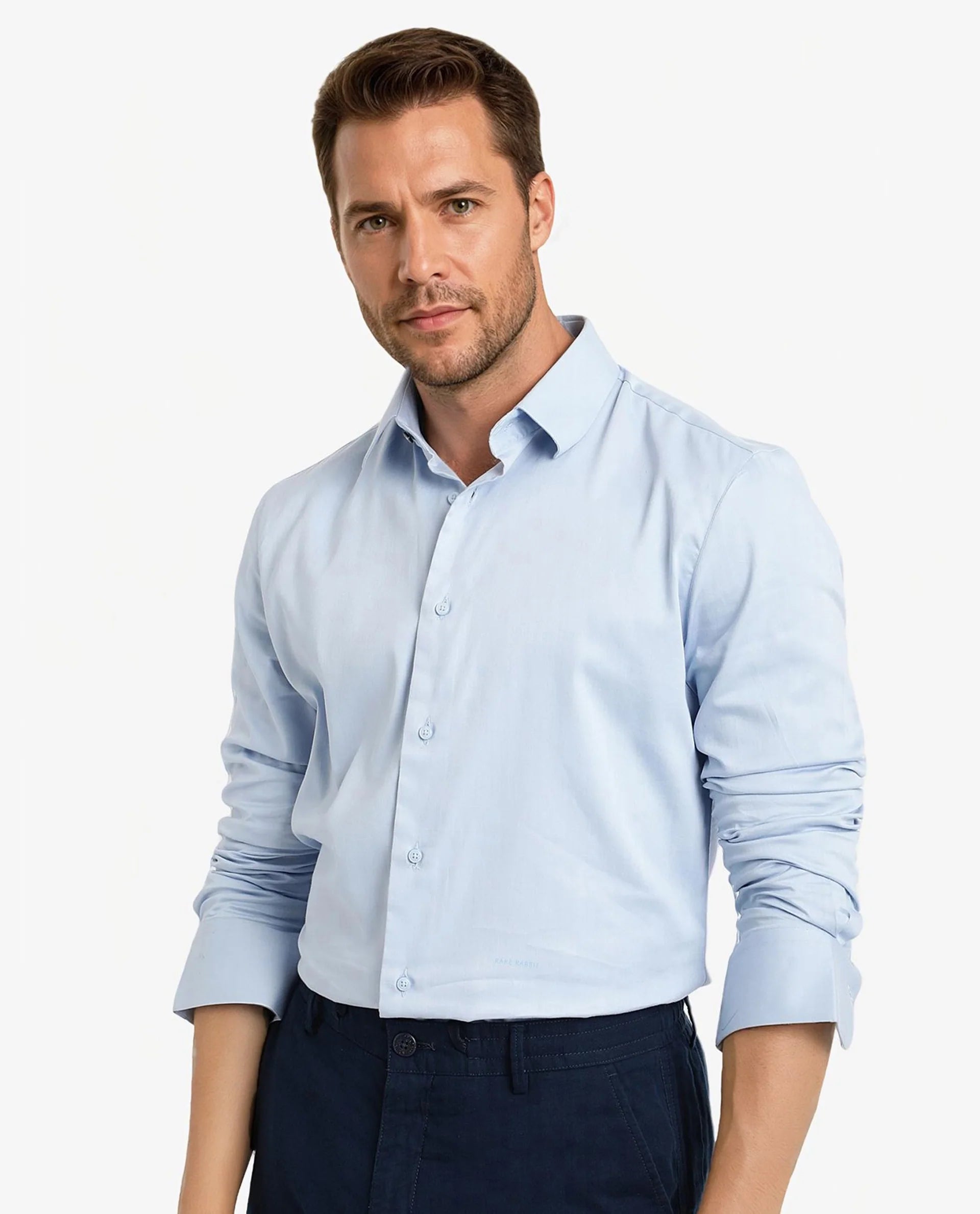 Rare Rabbit Men Holla Light Blue Full Sleeves Regular Fit Satin Stretch Cotton Plain Shirt