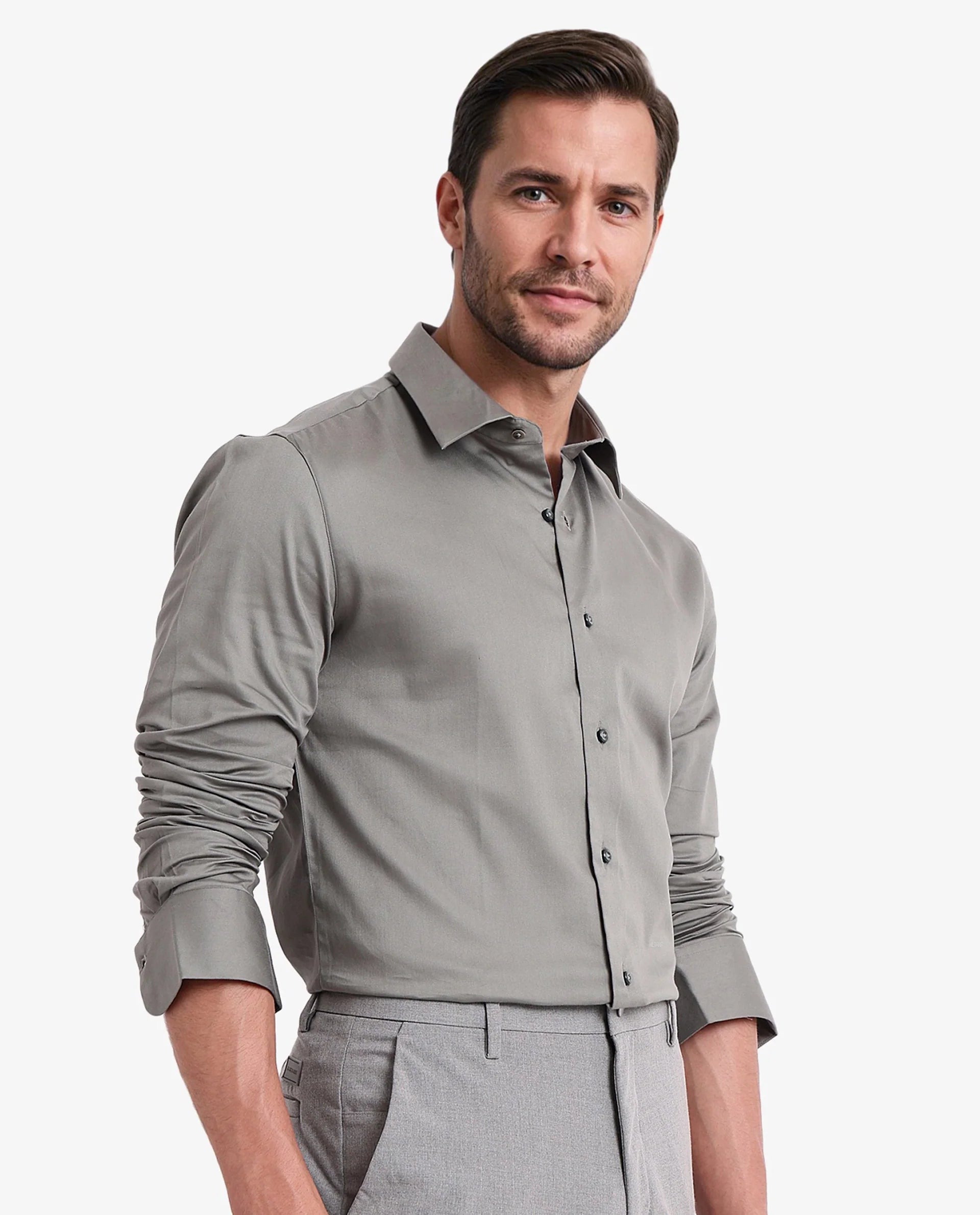 Rare Rabbit Men's Holla Olive Full Sleeves Regular Fit Satin Stretch Cotton Plain Shirt