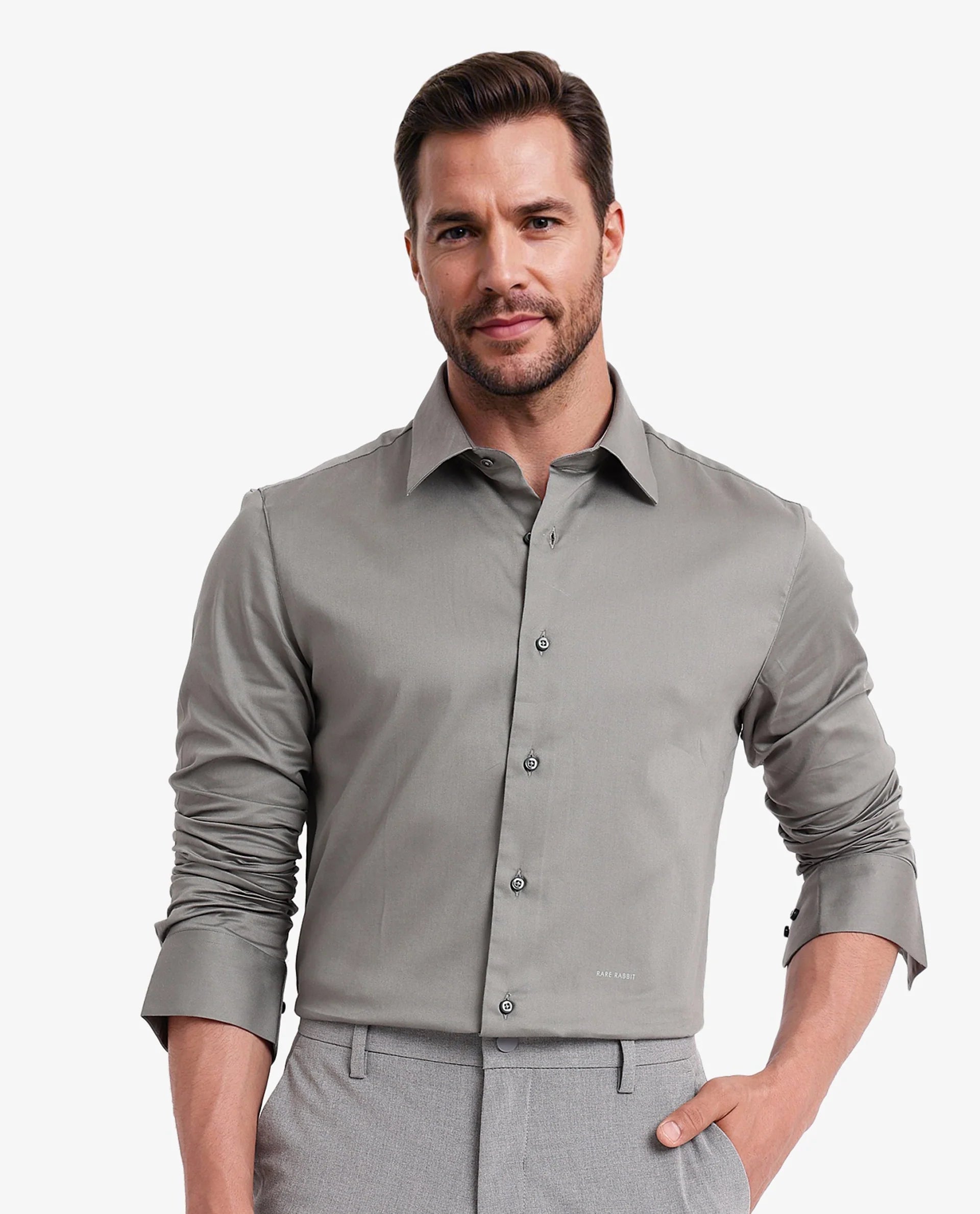 Rare Rabbit Men's Holla Olive Full Sleeves Regular Fit Satin Stretch Cotton Plain Shirt