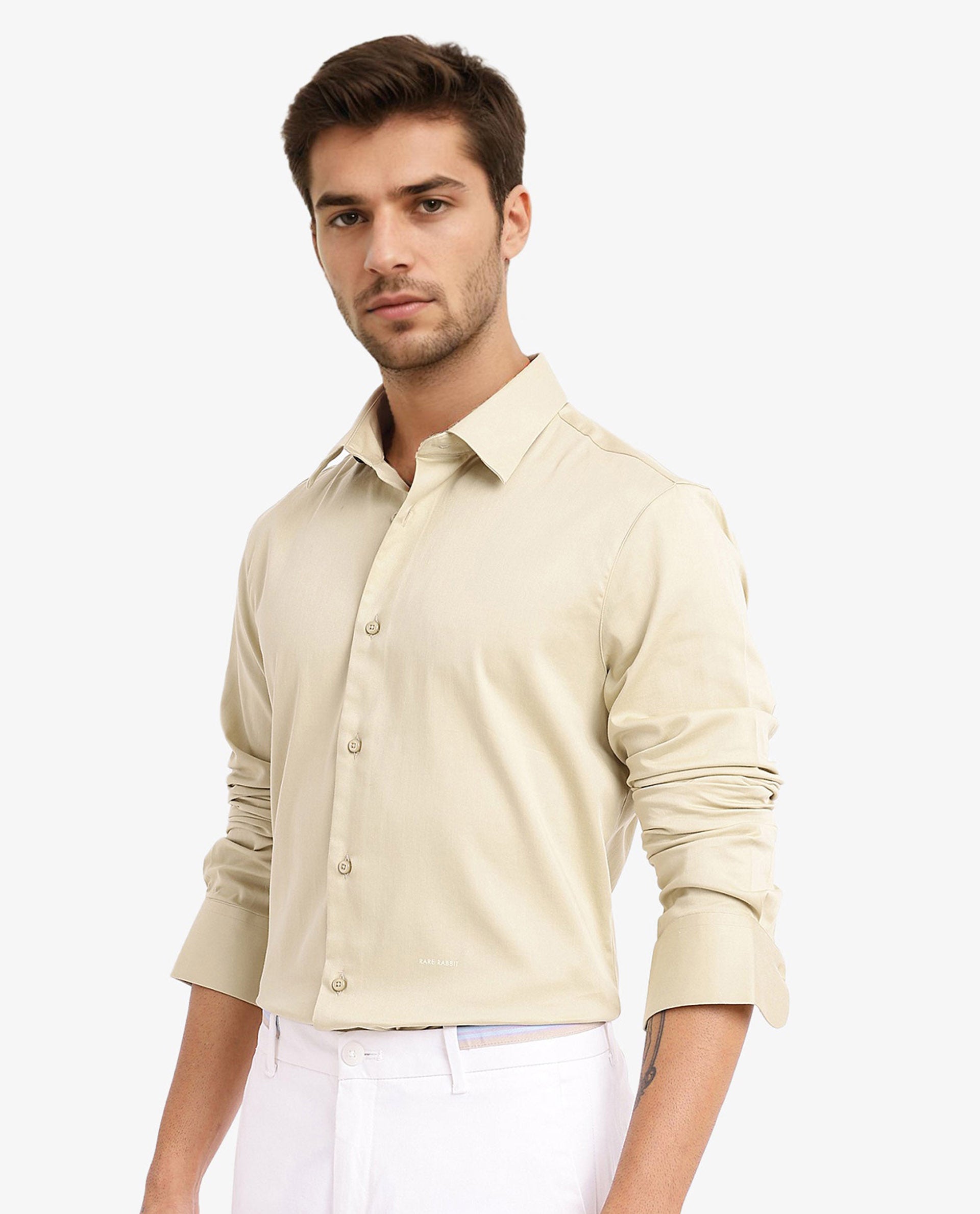 Rare Rabbit Men's Holla Pastel Green Full Sleeves Regular Fit Satin Stretch Cotton Plain Shirt