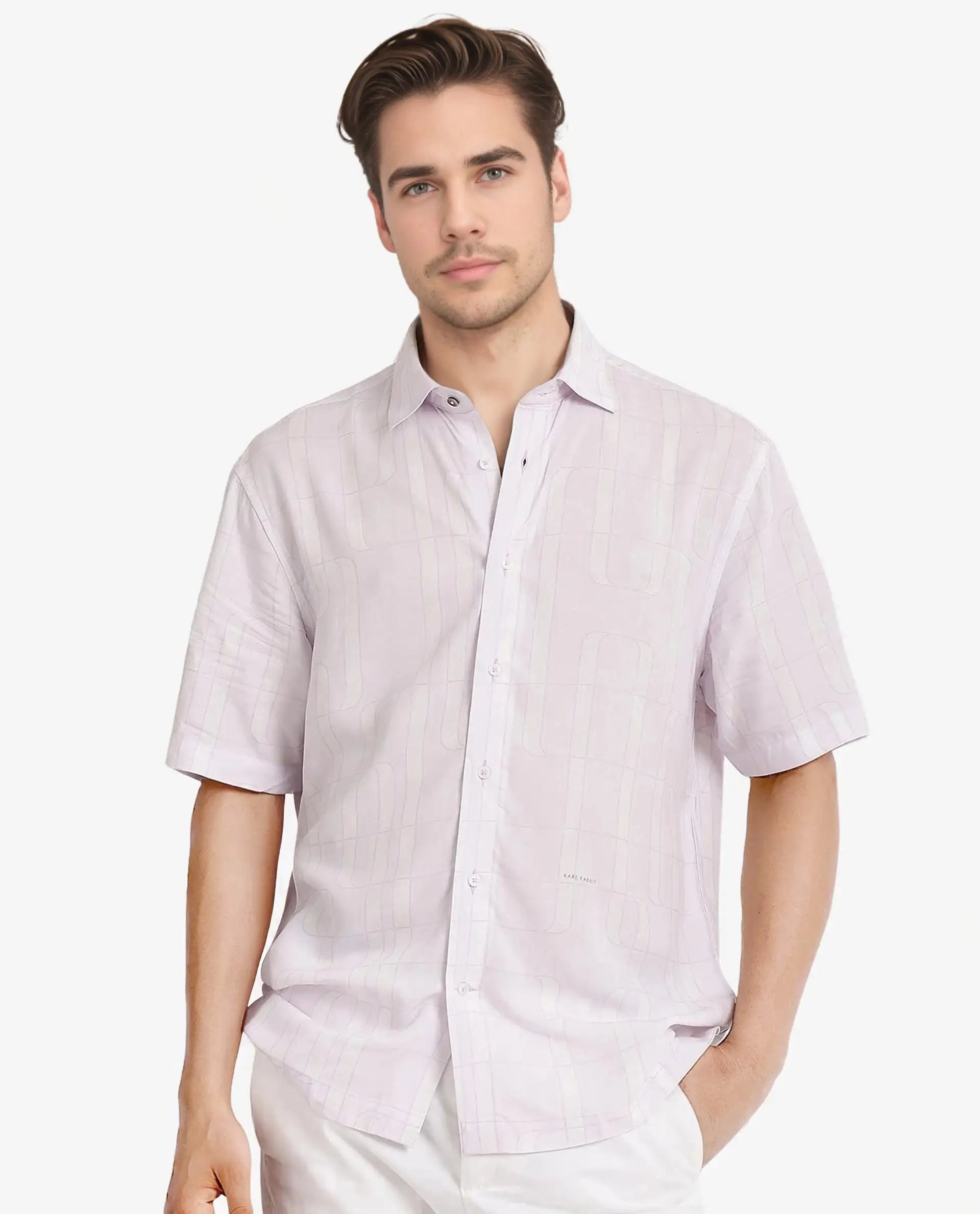 Rare Rabbit Men's Holter Light Purple Viscose Abstract Print Regular Fit Half Sleeve Collared Shirt