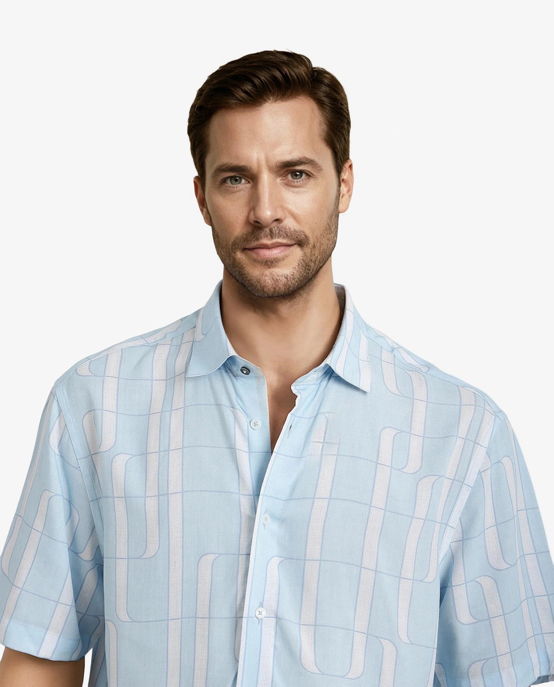 Rare Rabbit Men Holter Light Blue Viscose Fabric Short Sleeve Boxy Fit Abstract Print Shirt