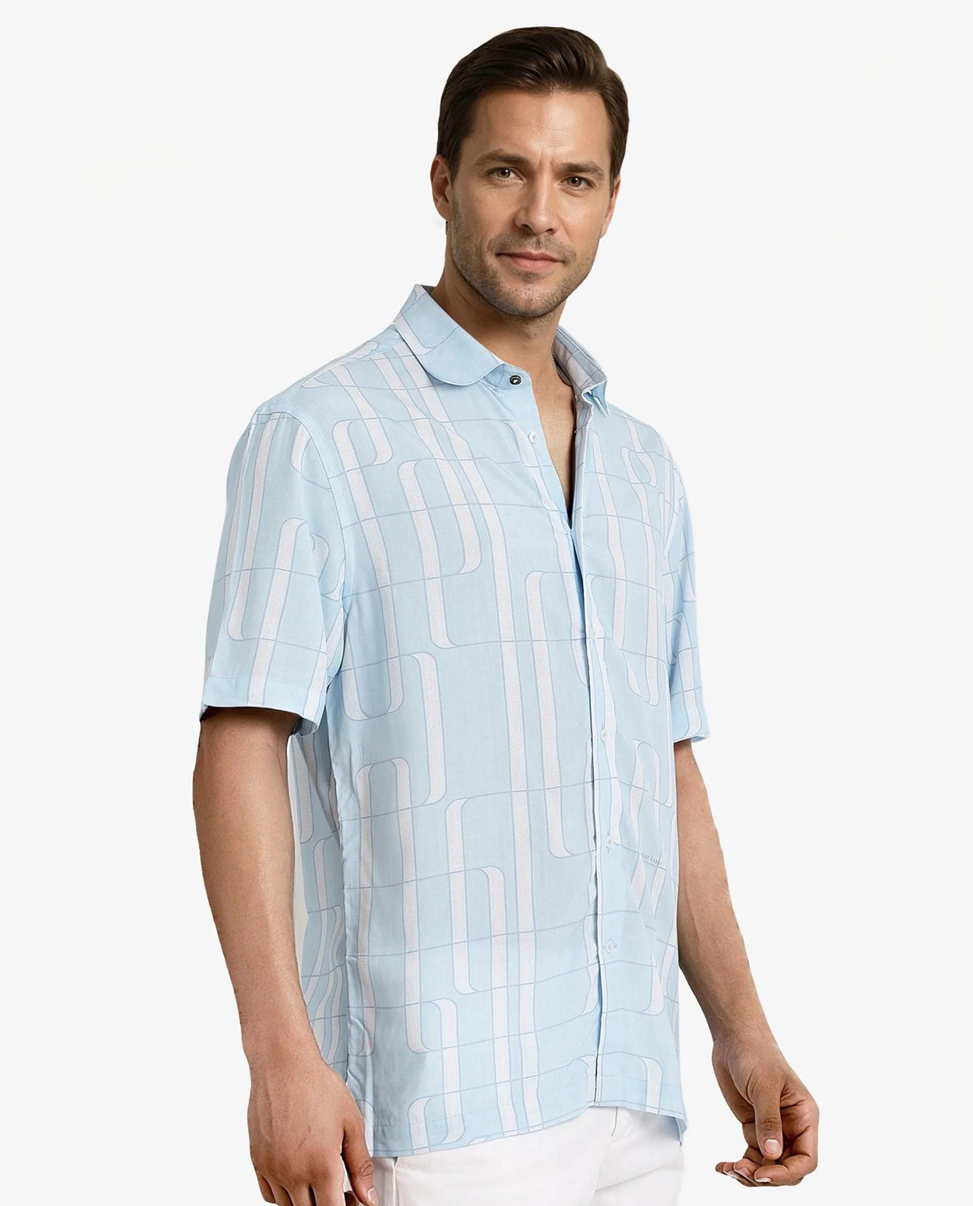 Rare Rabbit Men Holter Light Blue Viscose Fabric Short Sleeve Boxy Fit Abstract Print Shirt