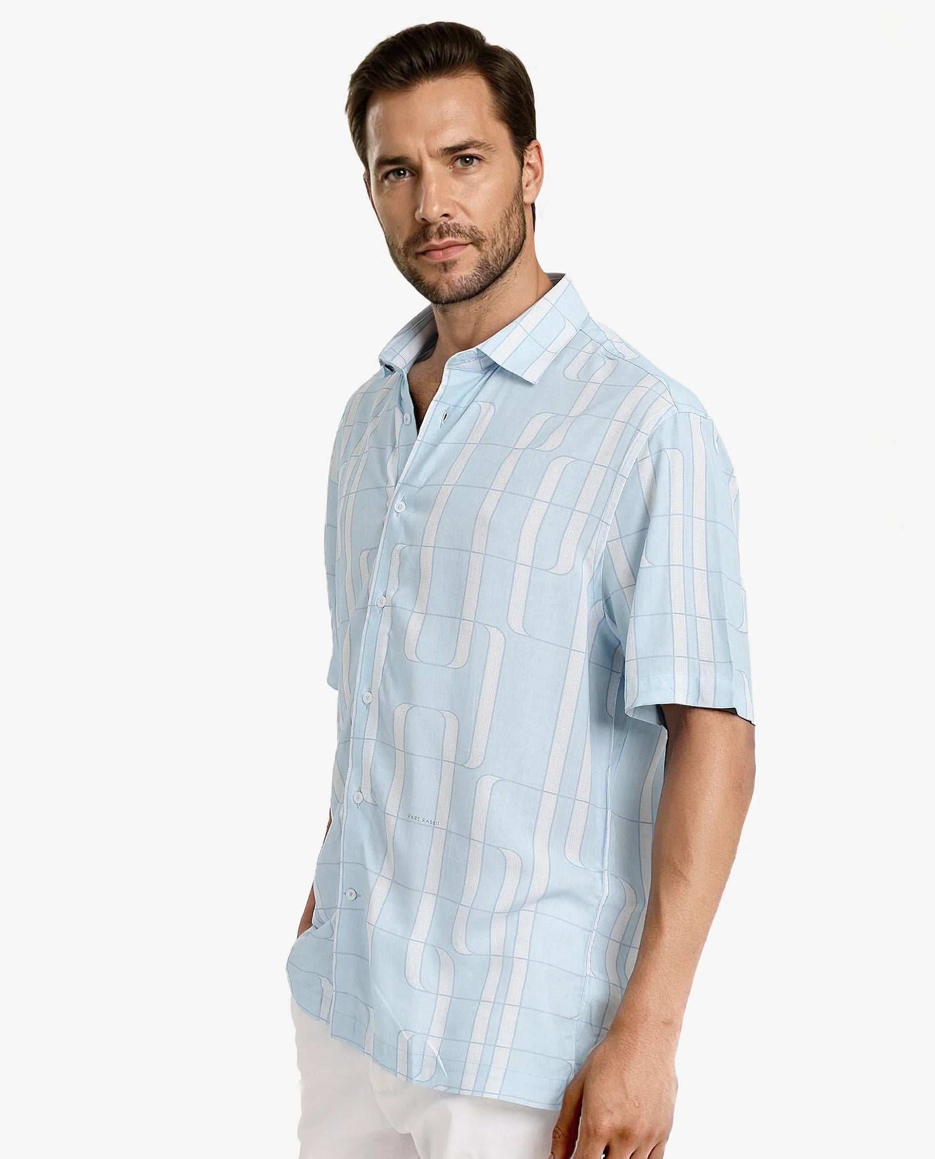 Rare Rabbit Men Holter Light Blue Viscose Fabric Short Sleeve Boxy Fit Abstract Print Shirt