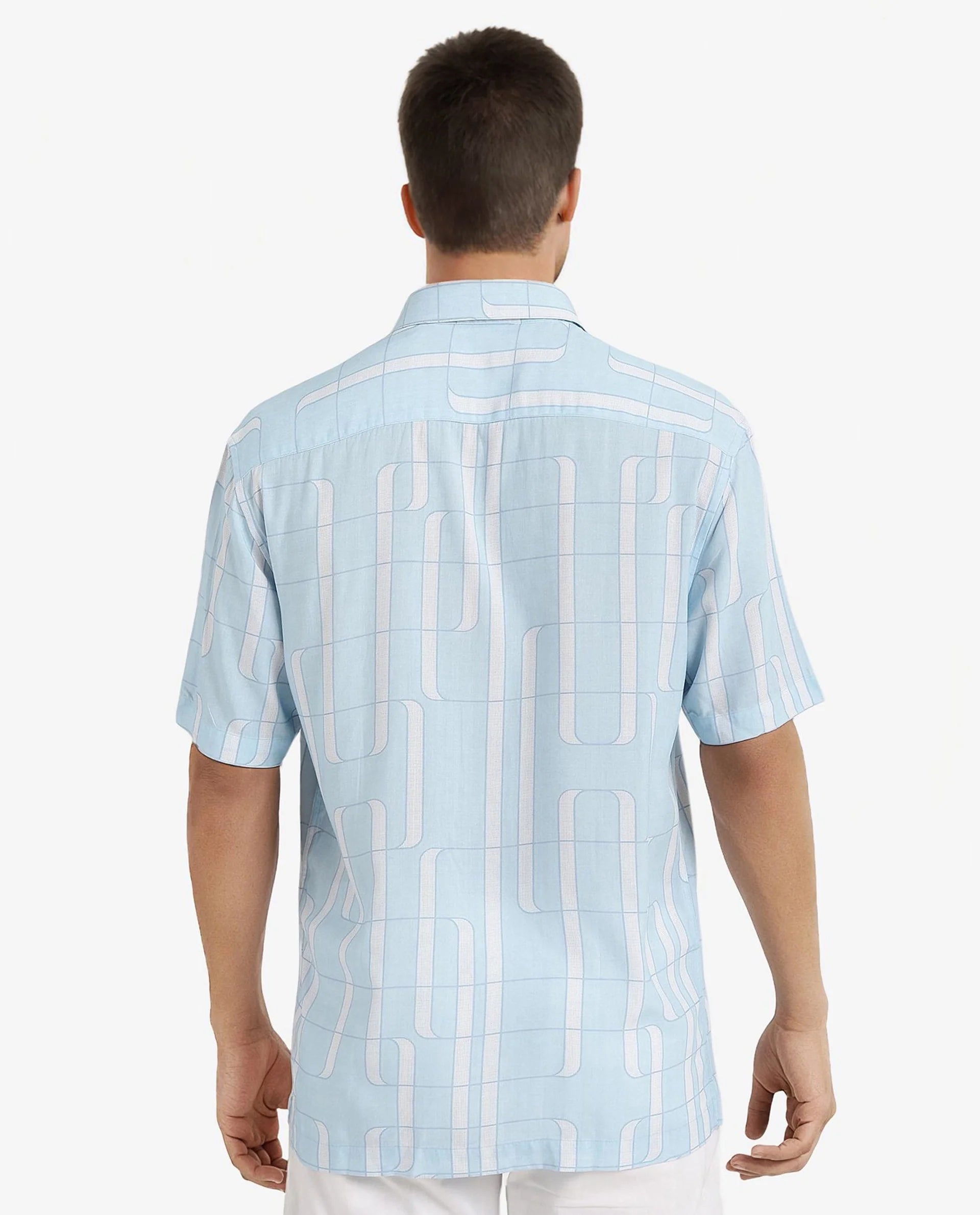 Rare Rabbit Men Holter Light Blue Viscose Fabric Short Sleeve Boxy Fit Abstract Print Shirt