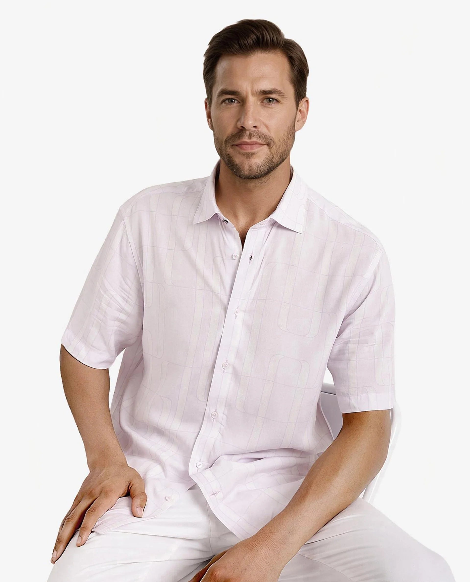 Rare Rabbit Men Holter Light Purple Viscose Fabric Short Sleeve Boxy Fit Abstract Print Shirt