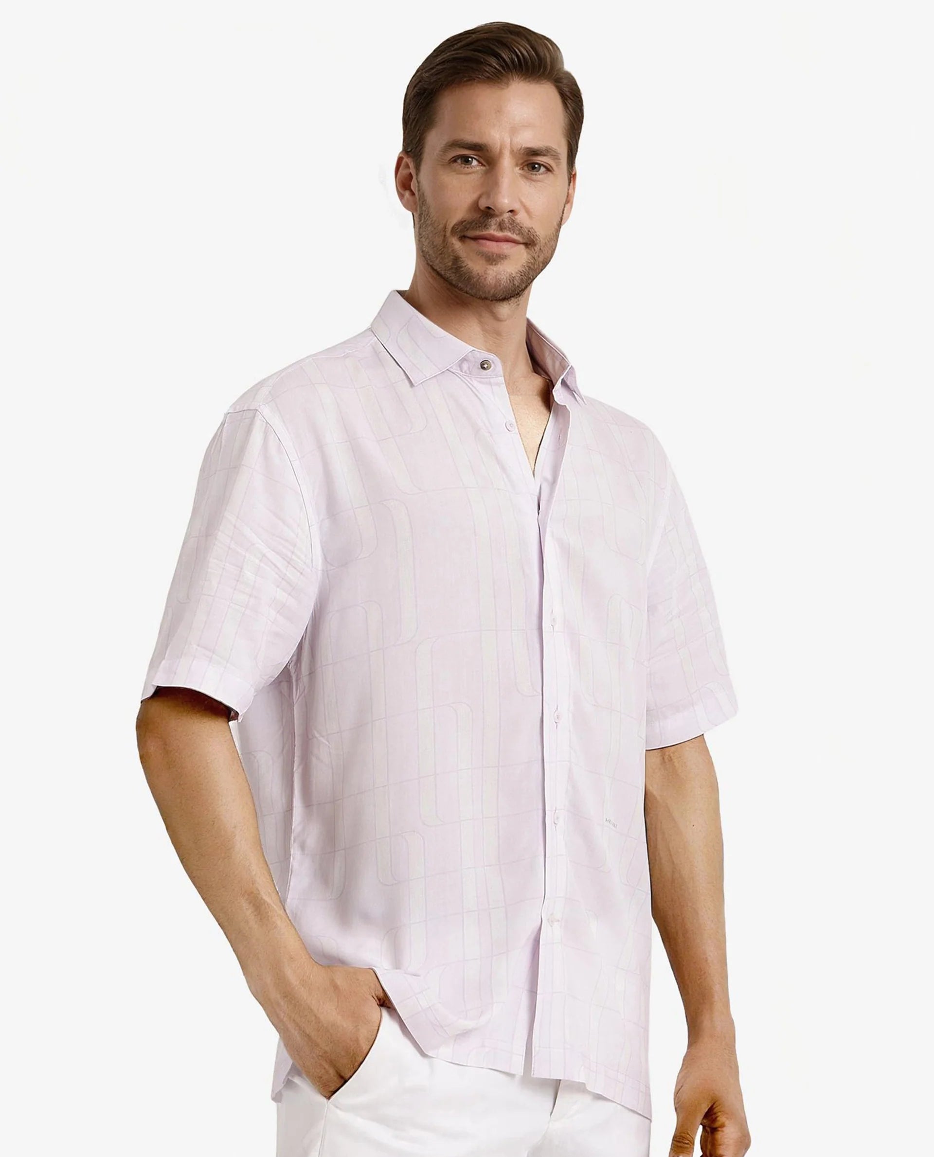 Rare Rabbit Men Holter Light Purple Viscose Fabric Short Sleeve Boxy Fit Abstract Print Shirt