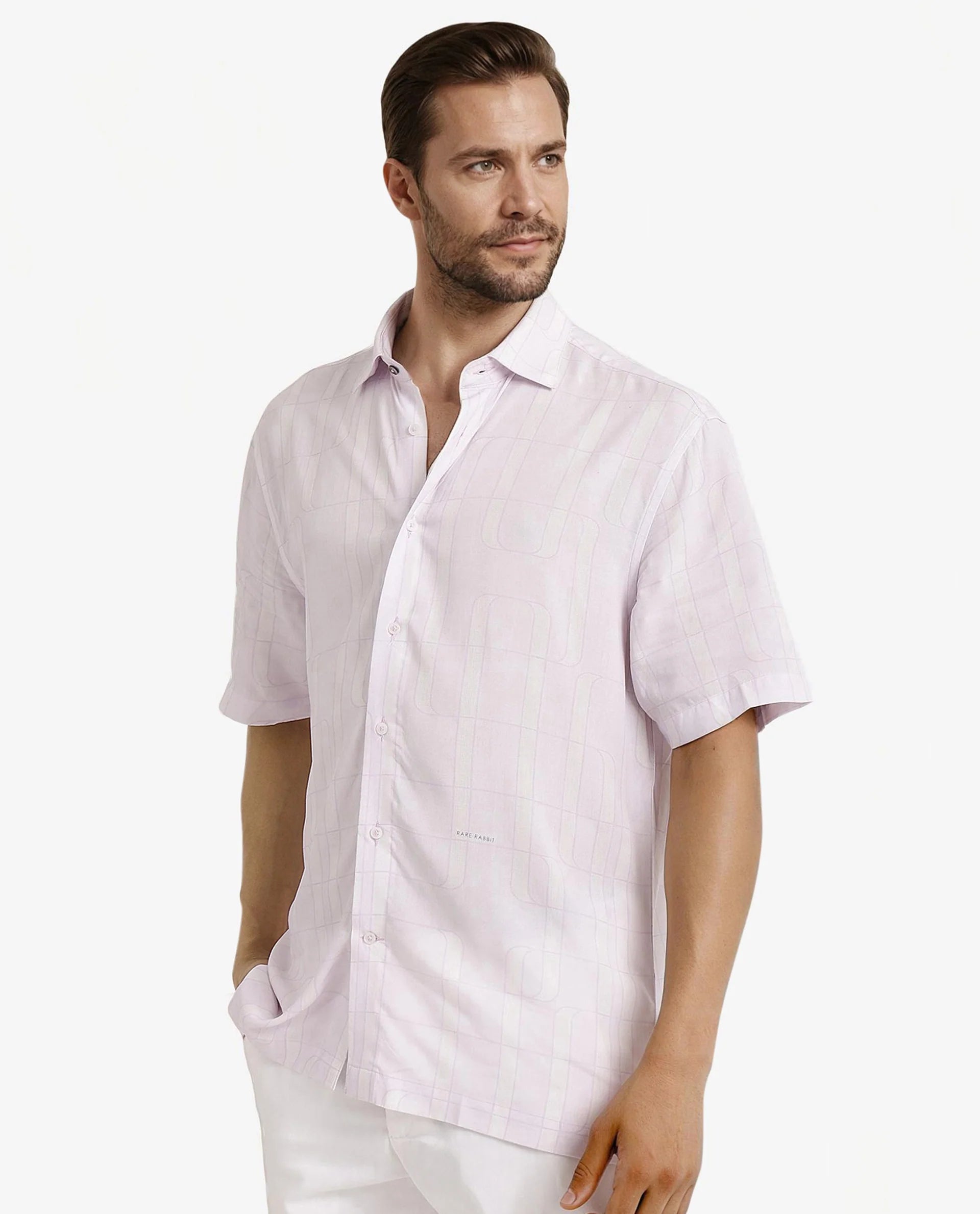 Rare Rabbit Men Holter Light Purple Viscose Fabric Short Sleeve Boxy Fit Abstract Print Shirt