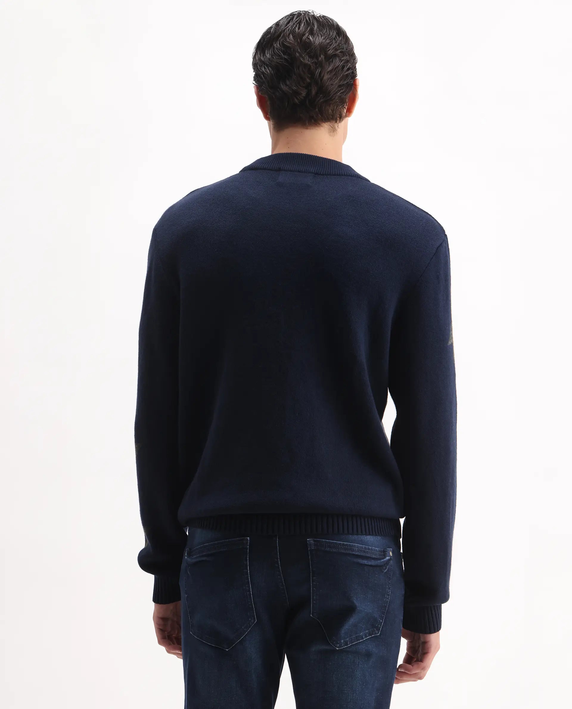 Rare Rabbit Men's Hond Navy Acrylic Abstract Print Regular Fit Full Sleeve Crew Neck Sweater