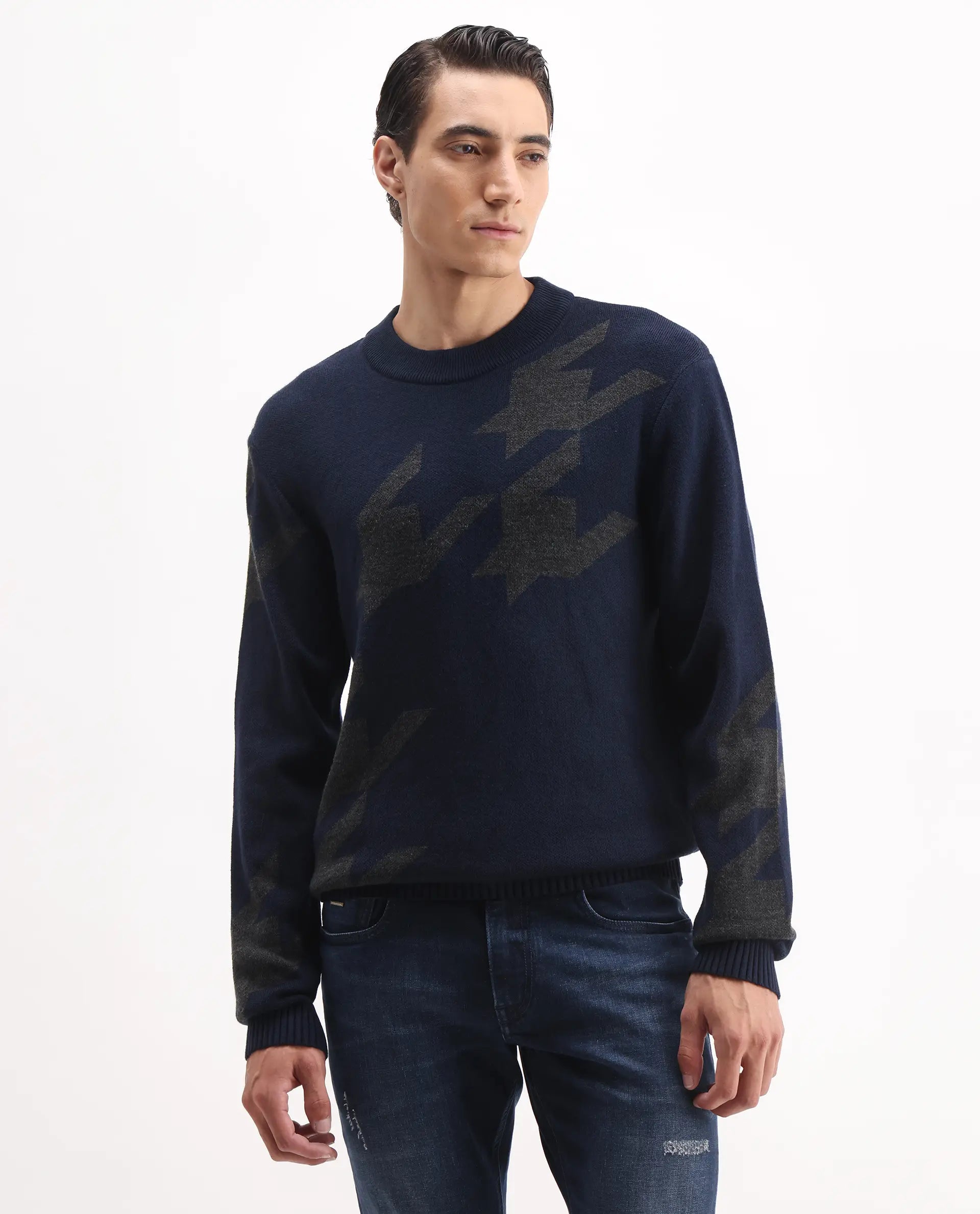 Rare Rabbit Men's Hond Navy Acrylic Abstract Print Regular Fit Full Sleeve Crew Neck Sweater