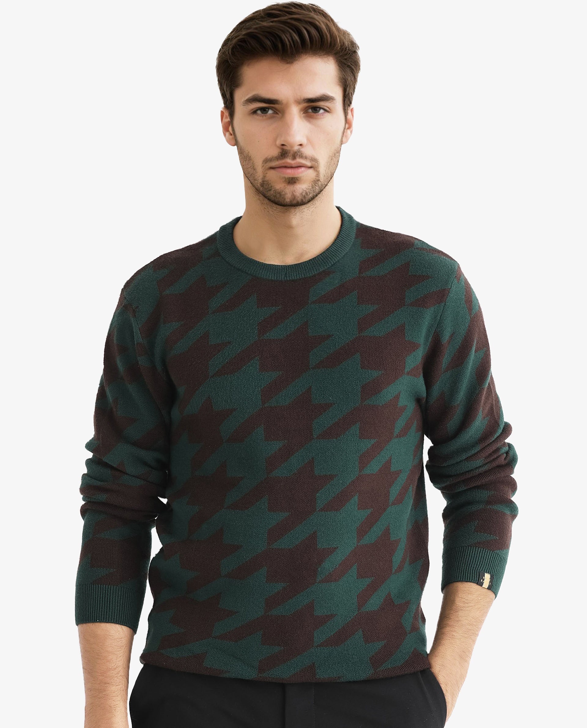 Rare Rabbit Mens Honder Dark Green Viscose Polyester Fabric Crew Neck Full Sleeves Houndstooth Jacquard Texture Sweater