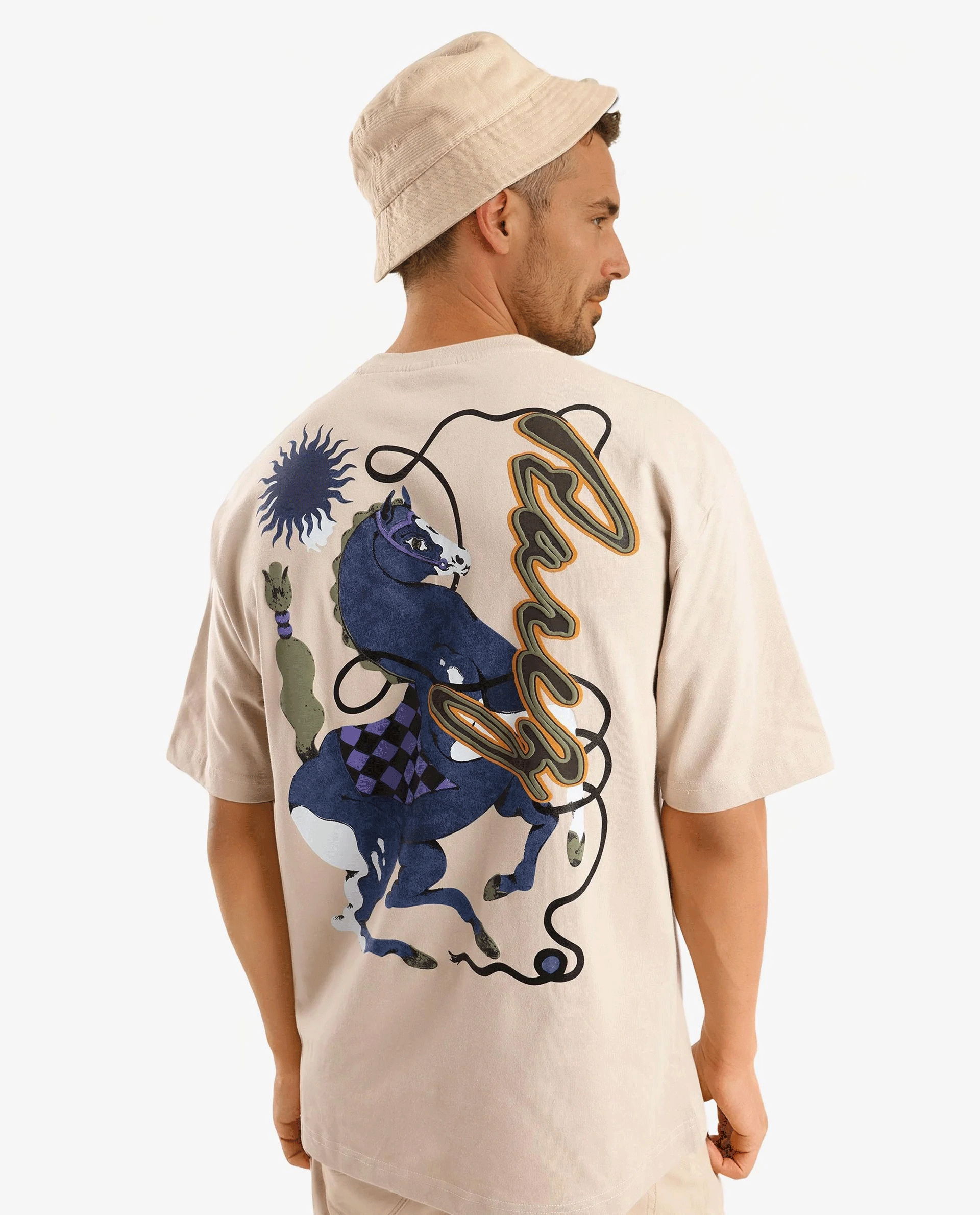 Rare Rabbit Men Hord Beige Short Sleeve Crew Neck Boxy Fit Printed T-Shirt