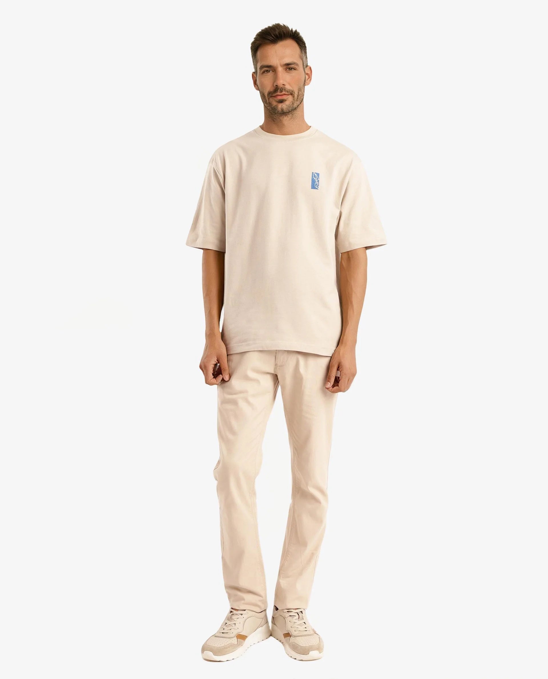 Rare Rabbit Men Hord Beige Short Sleeve Crew Neck Boxy Fit Printed T-Shirt