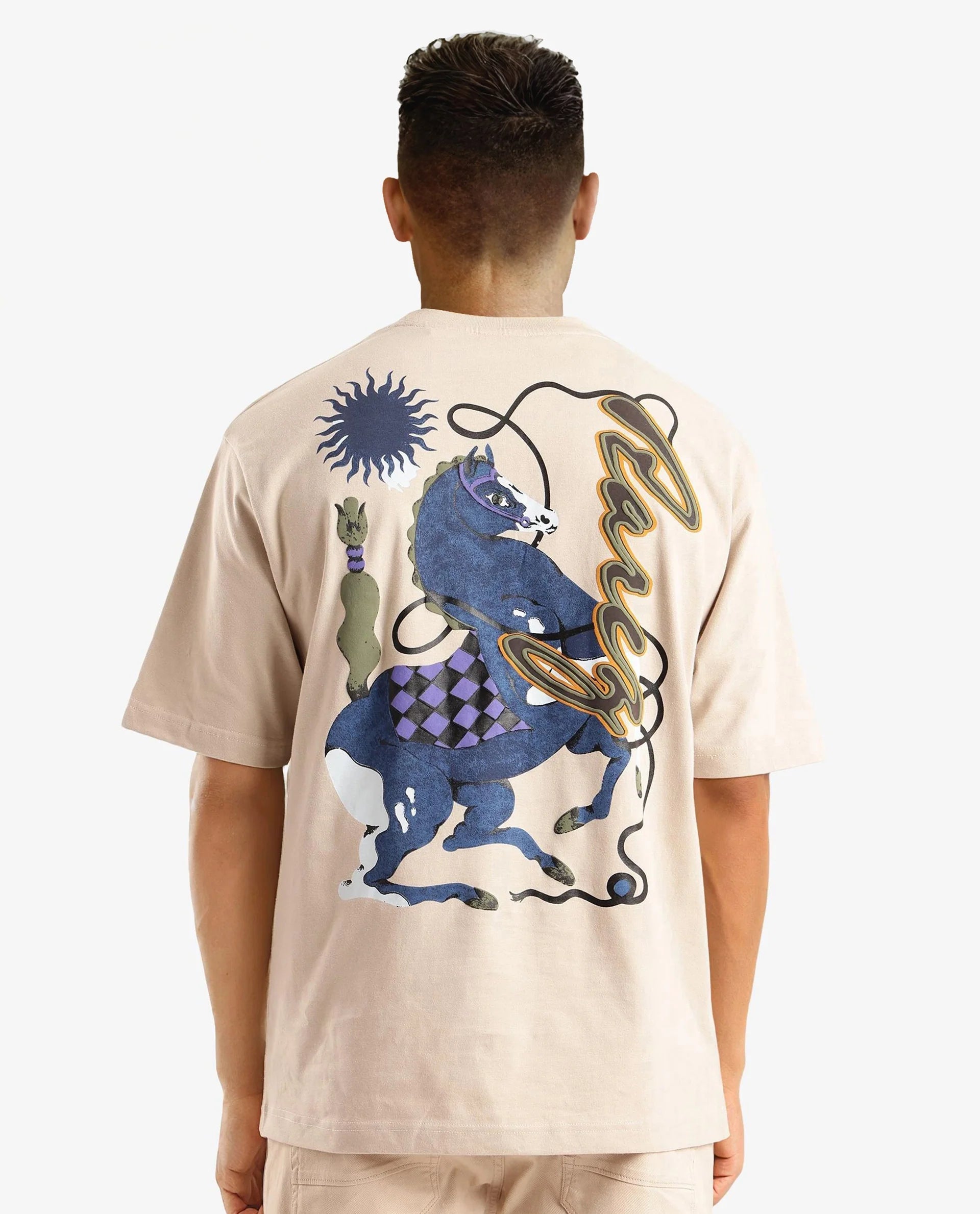 Rare Rabbit Men Hord Beige Short Sleeve Crew Neck Boxy Fit Printed T-Shirt