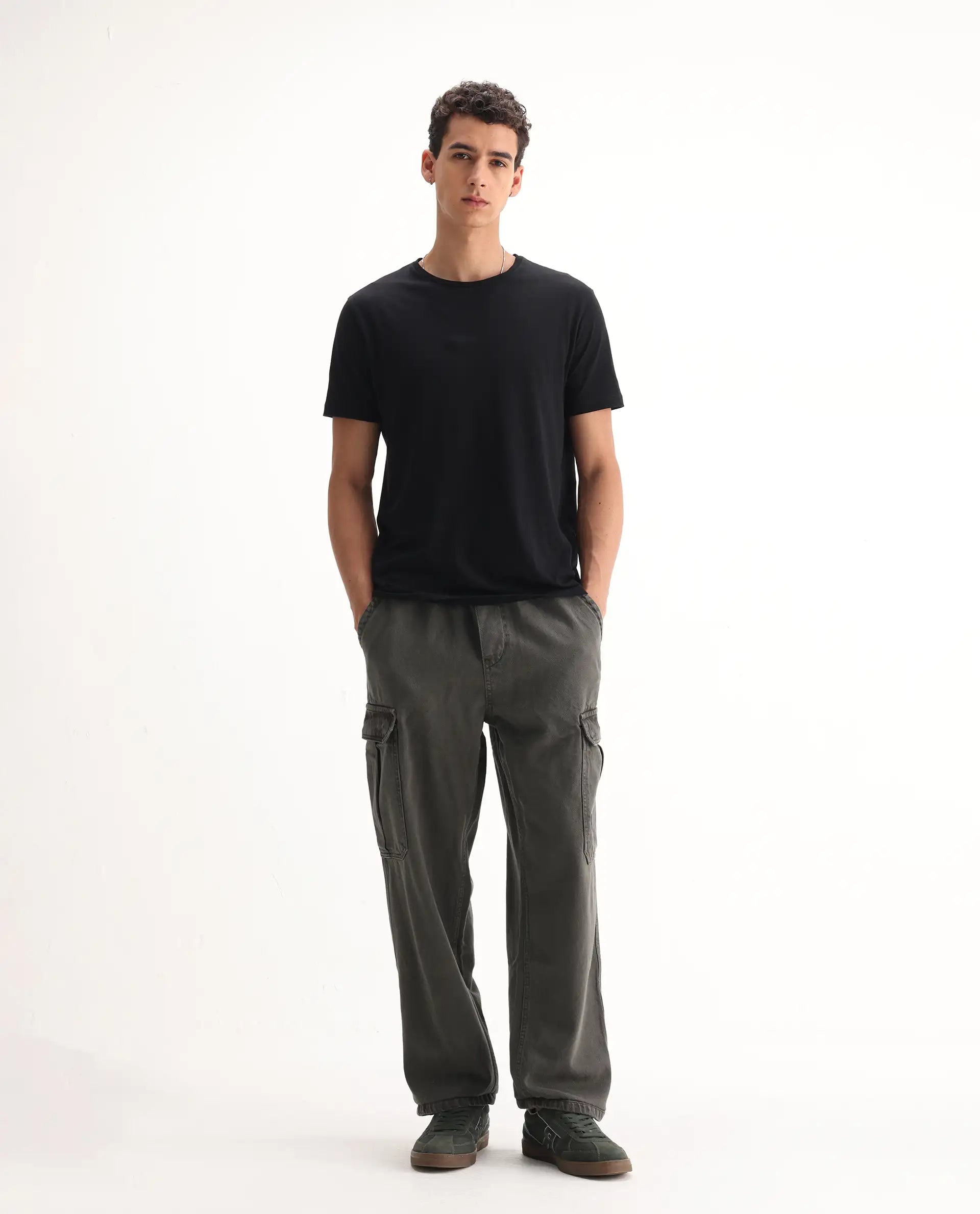 Rare Rabbit Men's Hork Dark Green Cotton Plain Baggy Fit Jeans