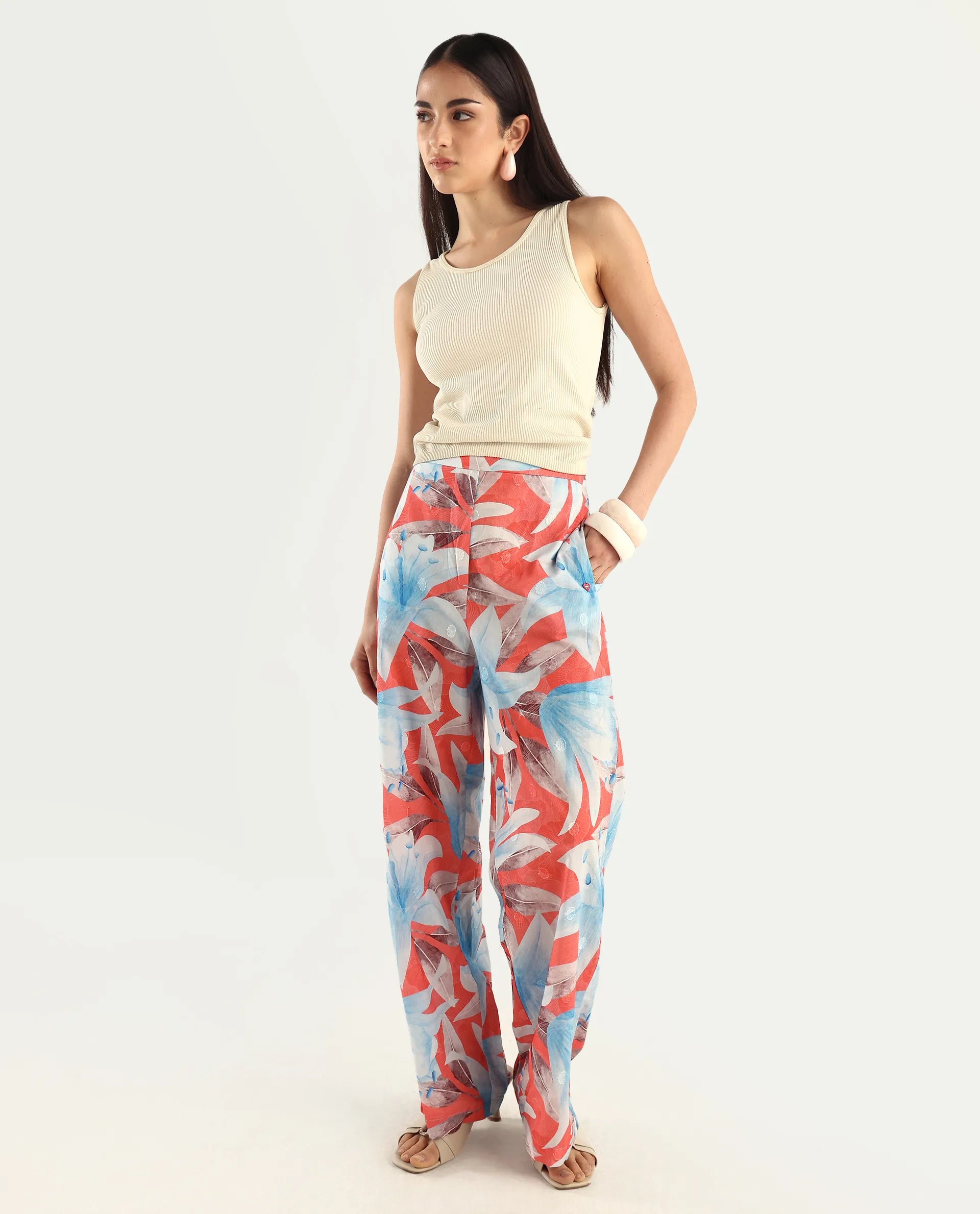 Rareism Women's Housto-B Pink Cotton Floral Print Straight Fit Trouser