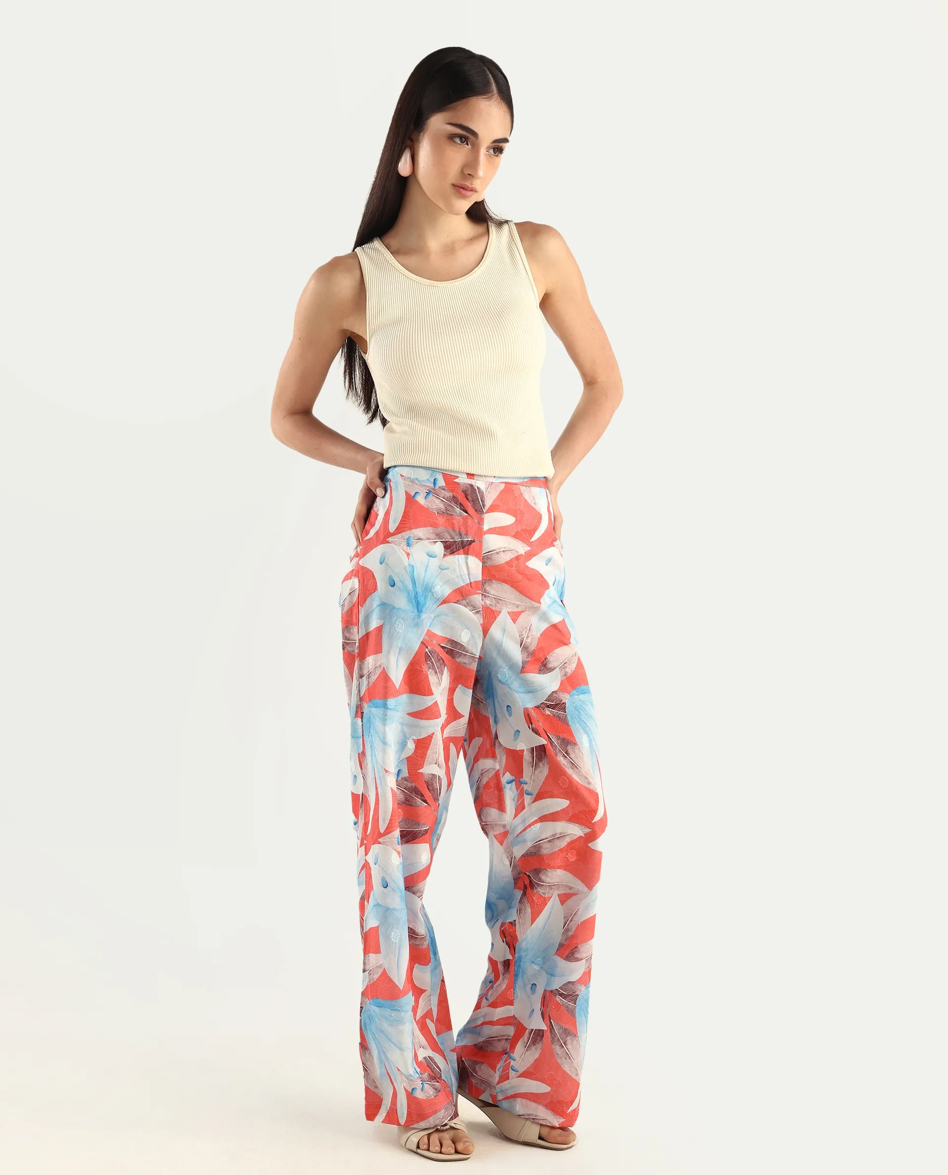 Rareism Women's Housto-B Pink Cotton Floral Print Straight Fit Trouser