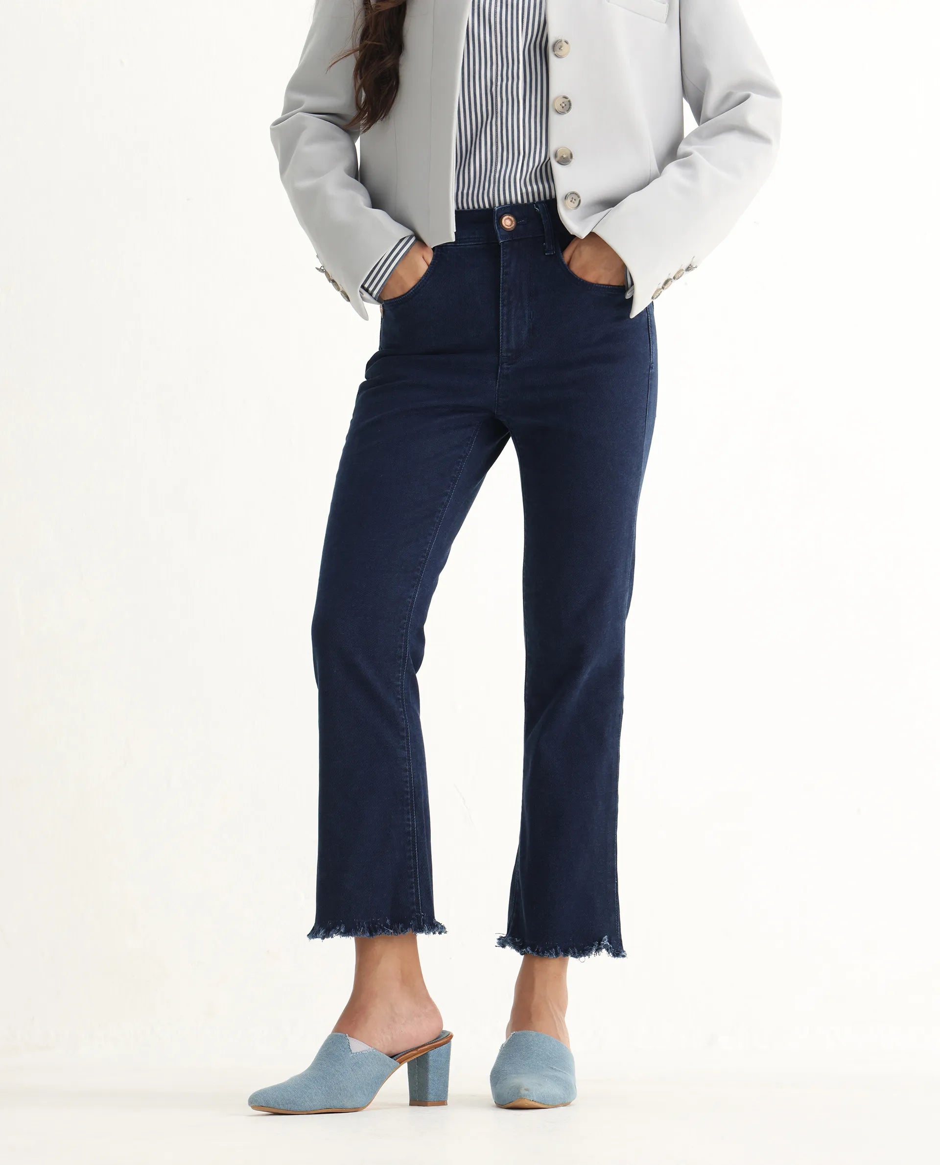 Rareism Women's Hugo Blue Cotton Plain Ankle Length Relaxed Fit Jeans