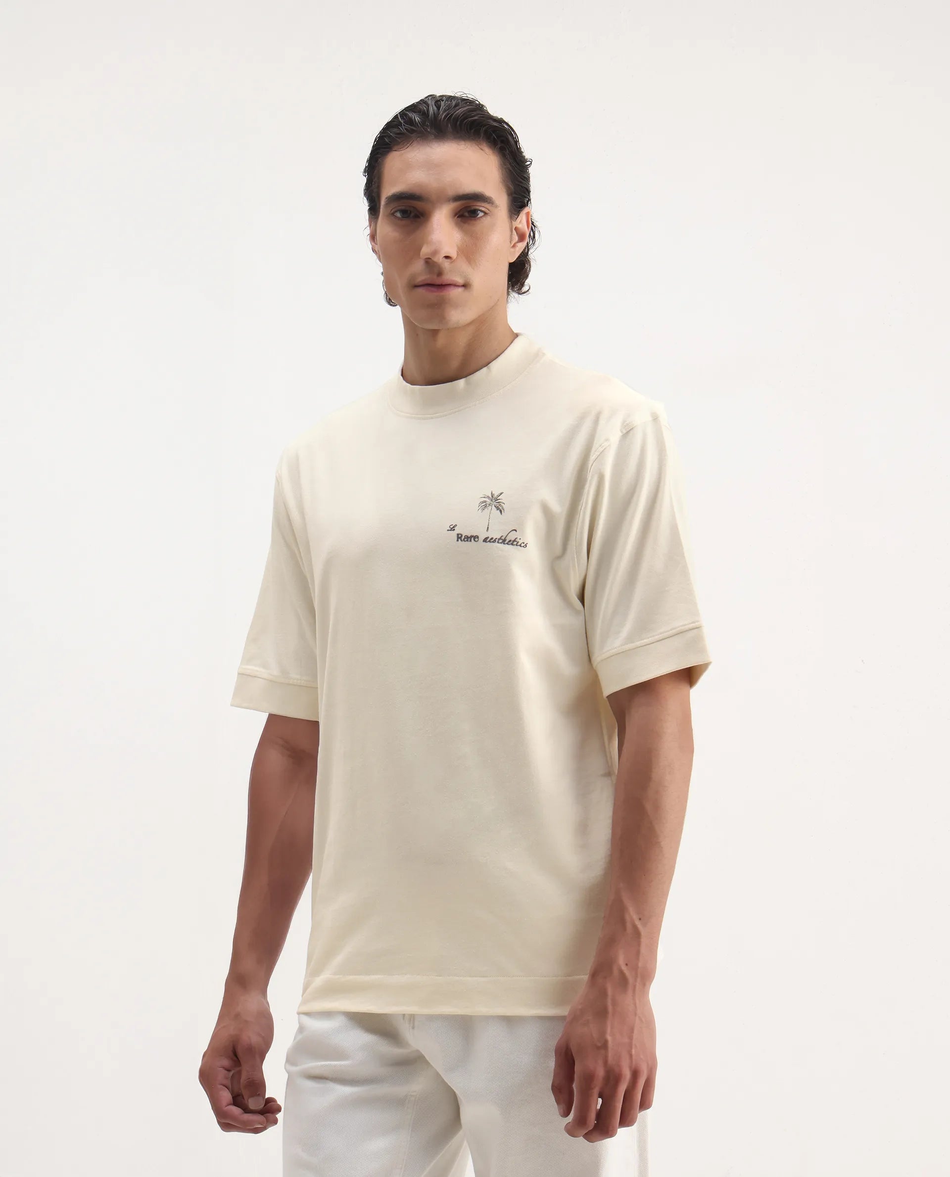 Rare Rabbit Men's Hyde Off White Cotton Embroidered Oversized Fit Half Sleeve Crew Neck T-Shirt