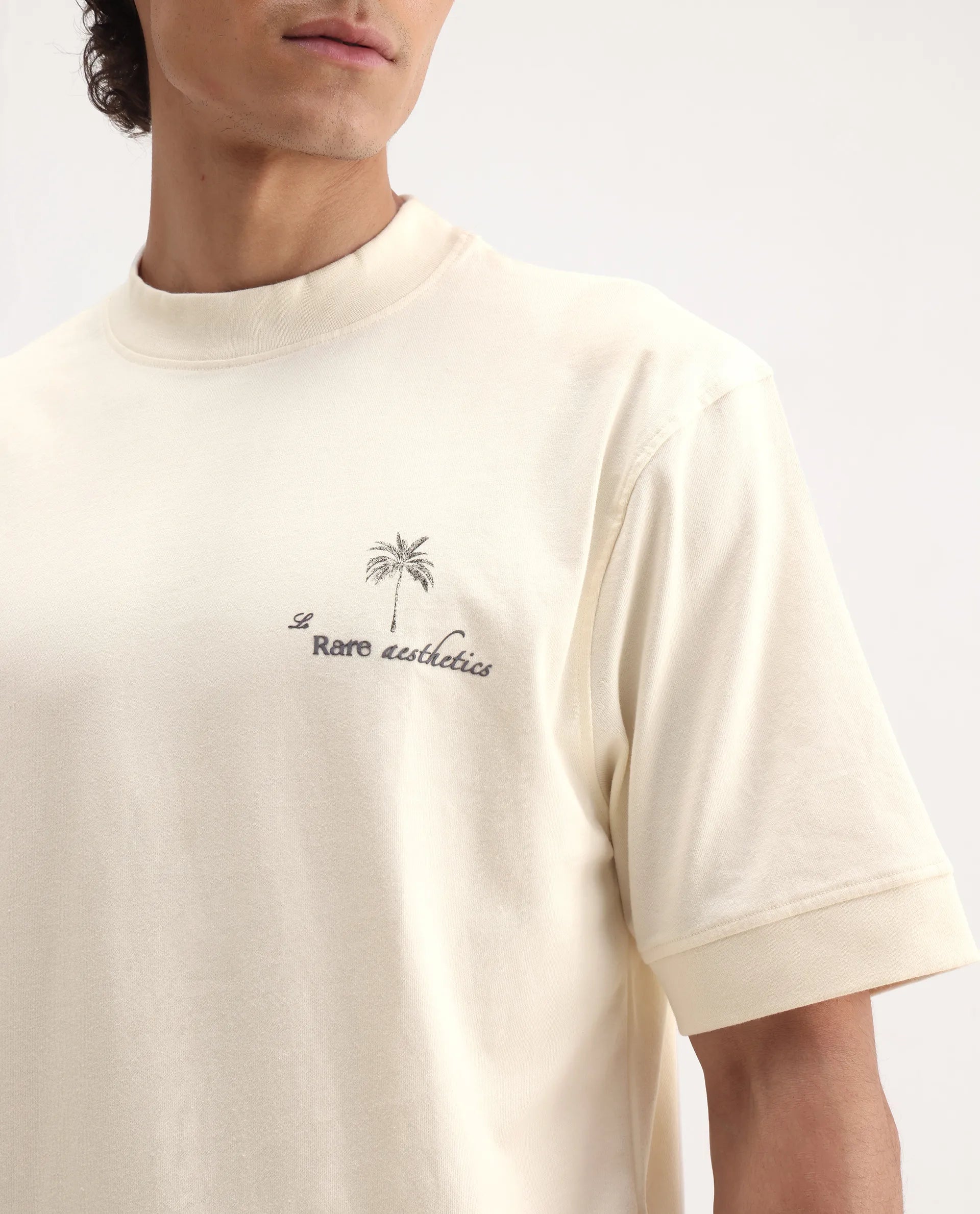 Rare Rabbit Men's Hyde Off White Cotton Embroidered Oversized Fit Half Sleeve Crew Neck T-Shirt