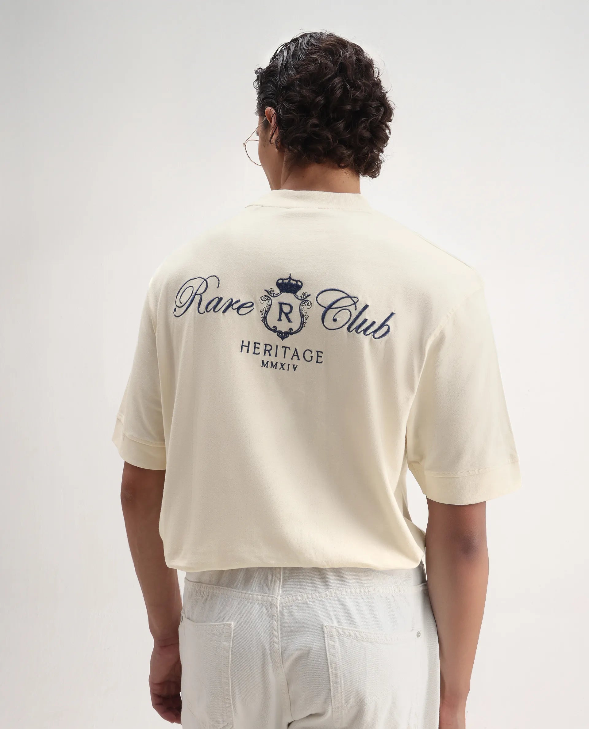 Rare Rabbit Men's Hyde Off White Cotton Embroidered Oversized Fit Half Sleeve Crew Neck T-Shirt