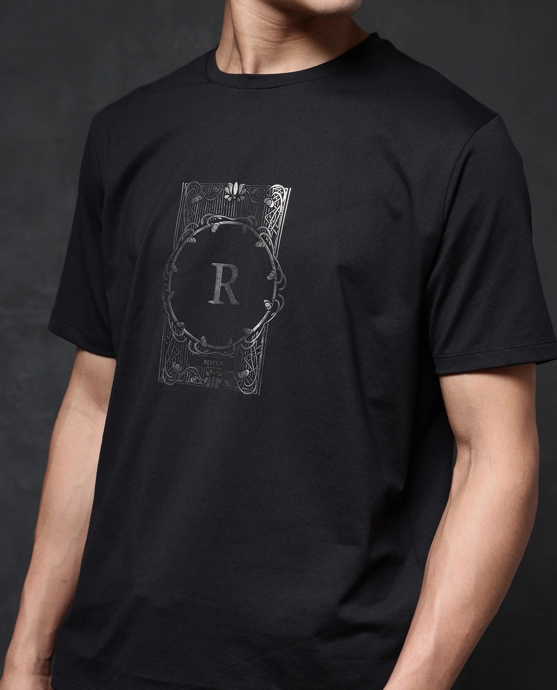 Rare Rabbit Men Hype Black Cotton Polyester Lycra Fabric Short Sleeve Crew Neck Regular Fit Graphic Print T-Shirt