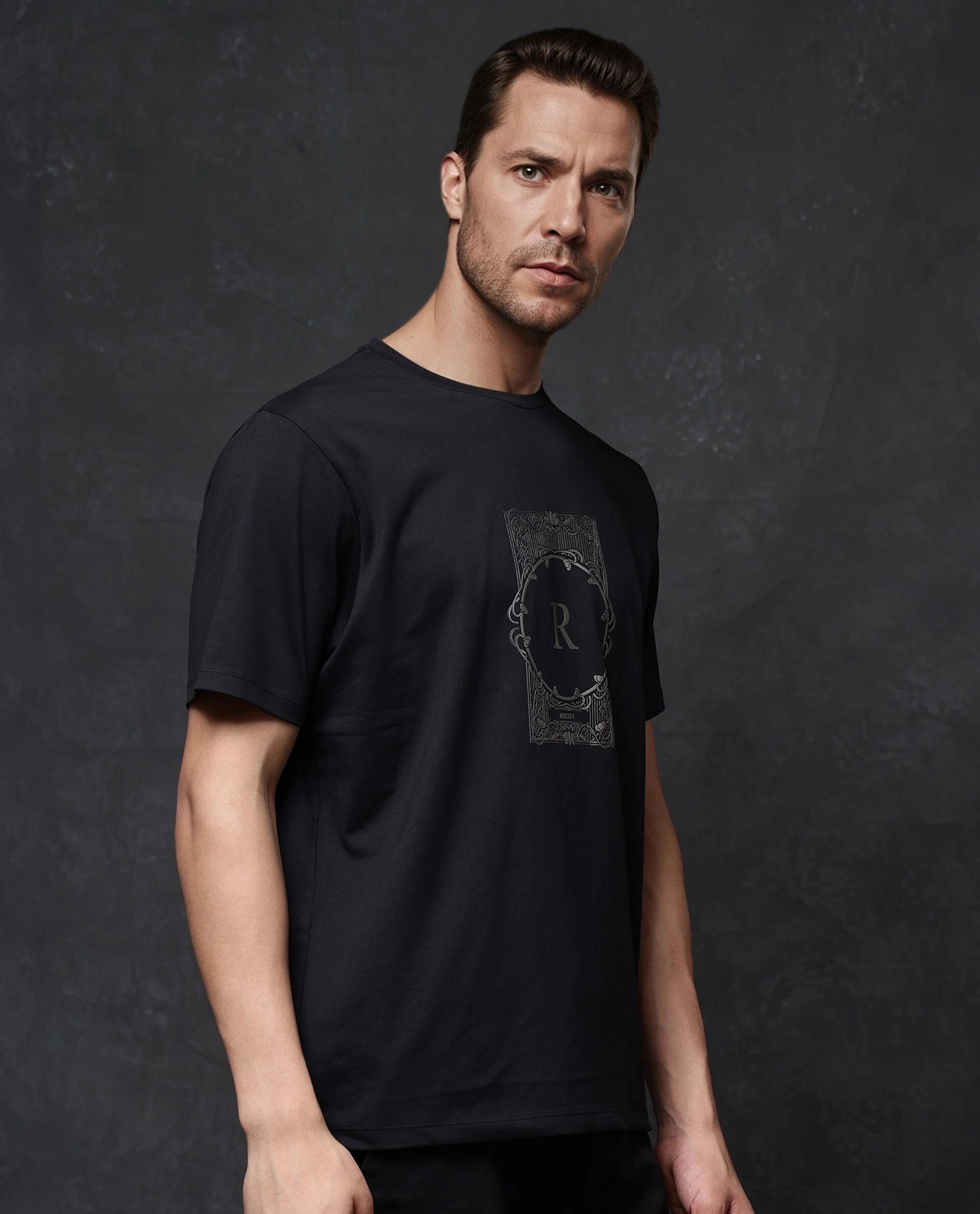 Rare Rabbit Men Hype Black Cotton Polyester Lycra Fabric Short Sleeve Crew Neck Regular Fit Graphic Print T-Shirt