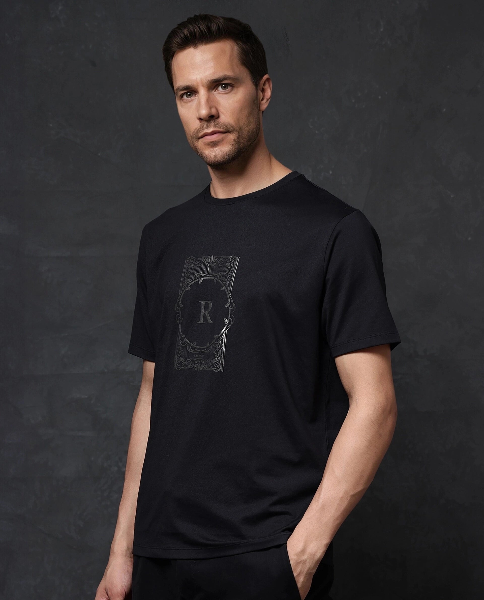 Rare Rabbit Men Hype Black Cotton Polyester Lycra Fabric Short Sleeve Crew Neck Regular Fit Graphic Print T-Shirt