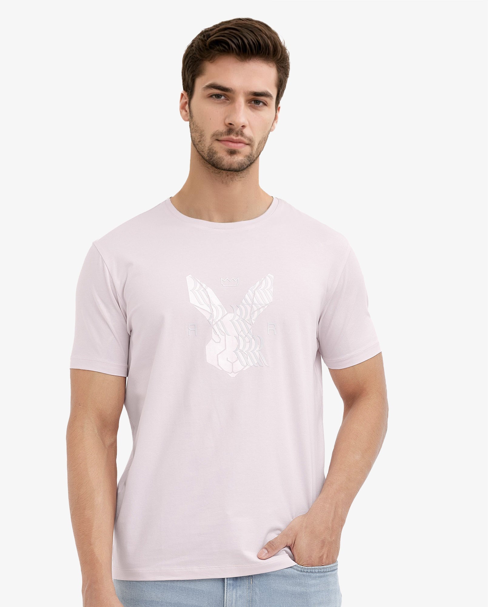 Rare Rabbit Mens Iced Pastel Pink Cotton Lycra Fabric Short Sleeve Logo Graphic Print T-Shirt