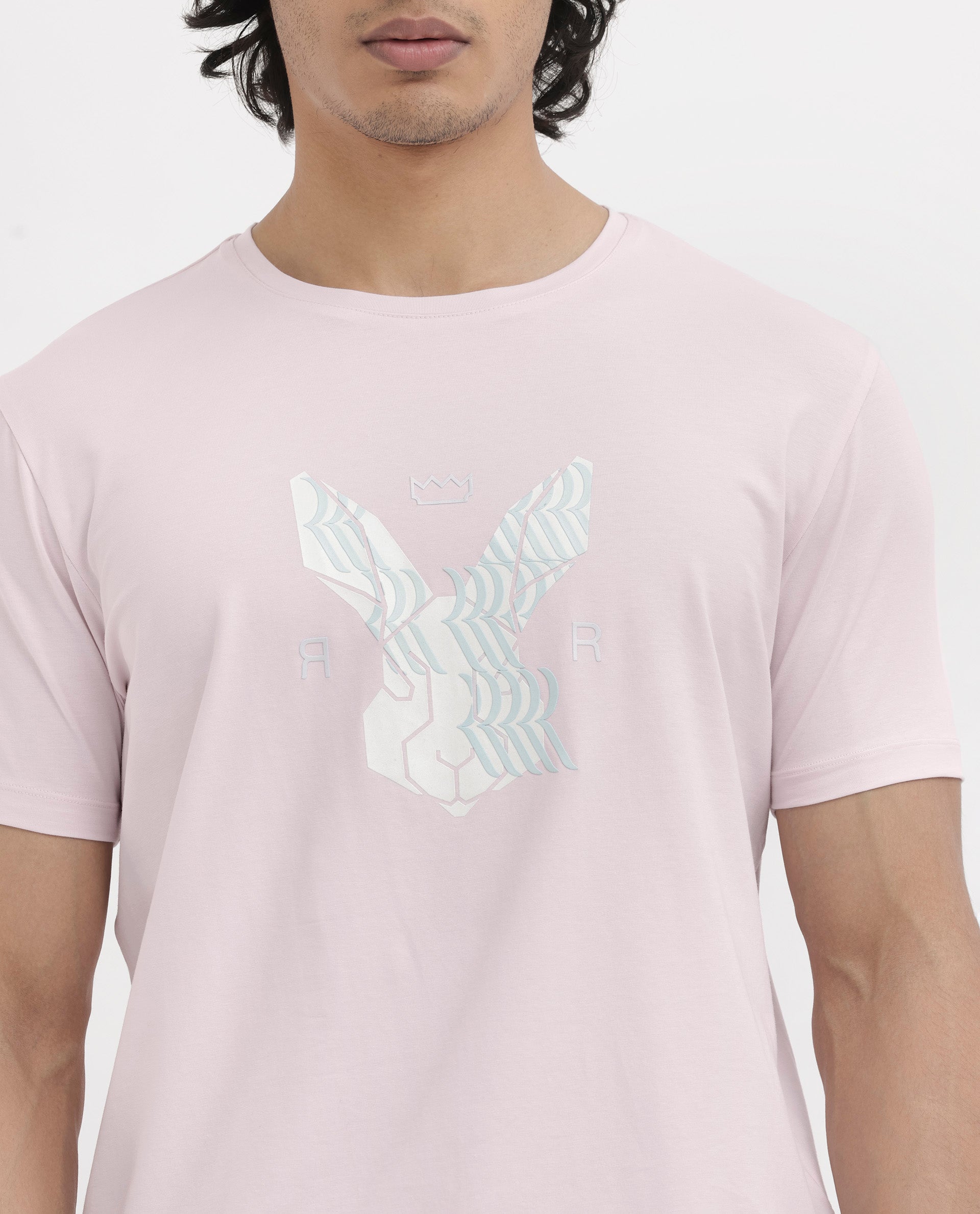 Rare Rabbit Mens Iced Pastel Pink Cotton Lycra Fabric Short Sleeve Logo Graphic Print T-Shirt
