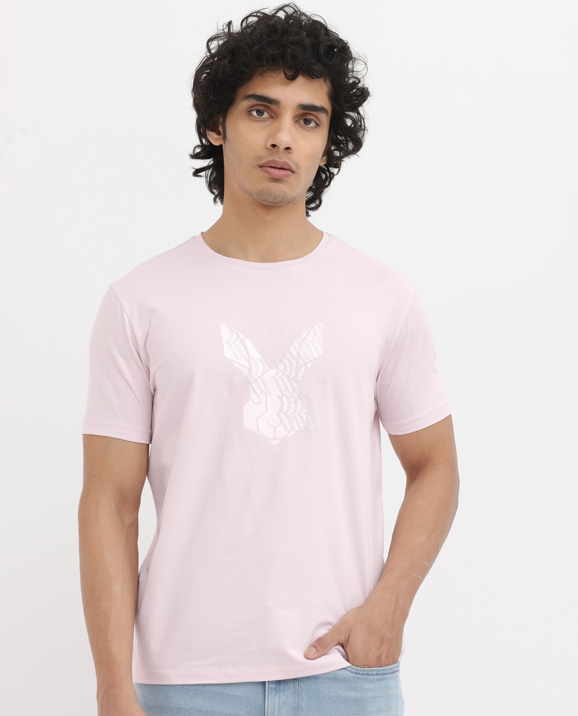 Rare Rabbit Mens Iced Pastel Pink Cotton Lycra Fabric Short Sleeve Logo Graphic Print T-Shirt