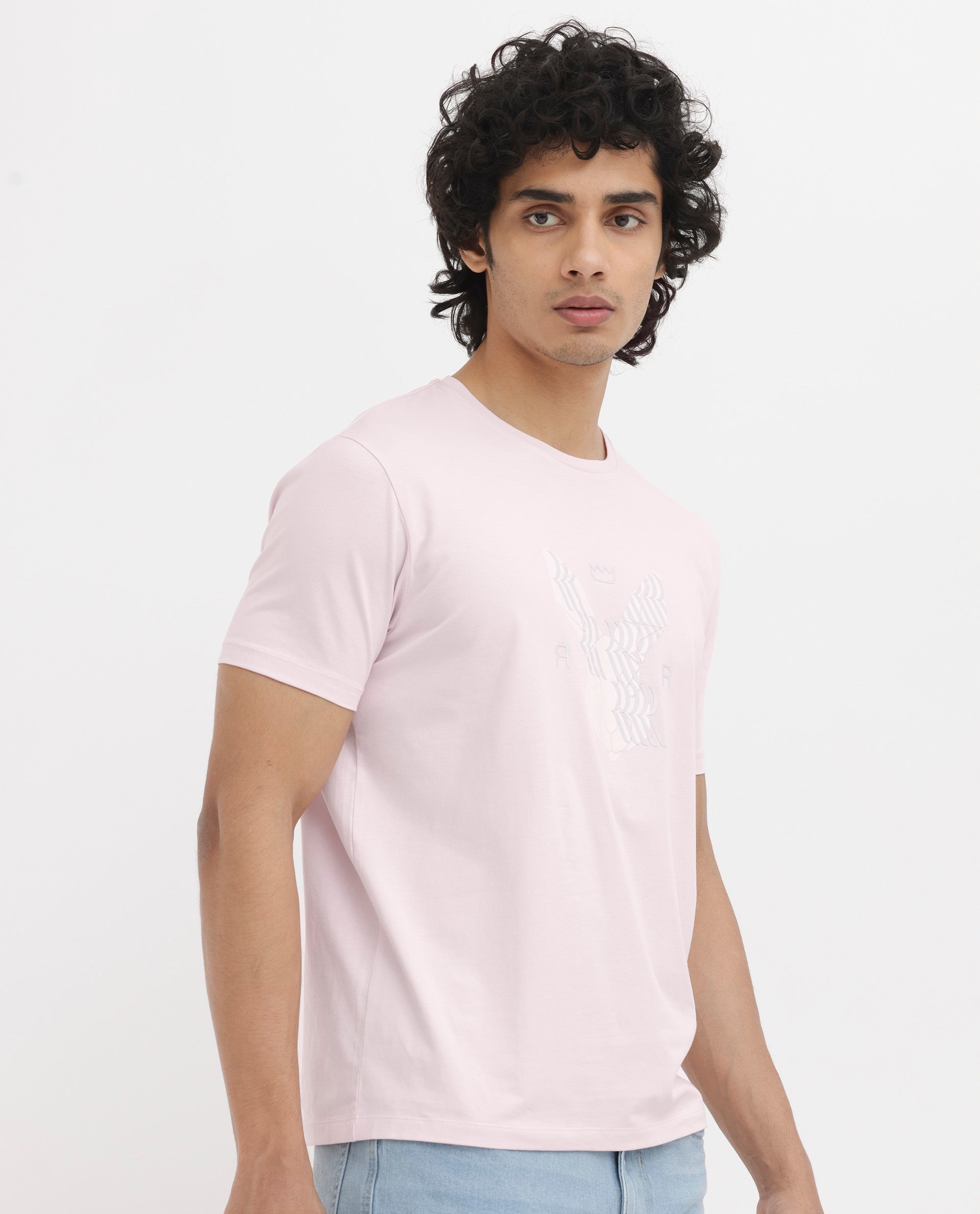 Rare Rabbit Mens Iced Pastel Pink Cotton Lycra Fabric Short Sleeve Logo Graphic Print T-Shirt