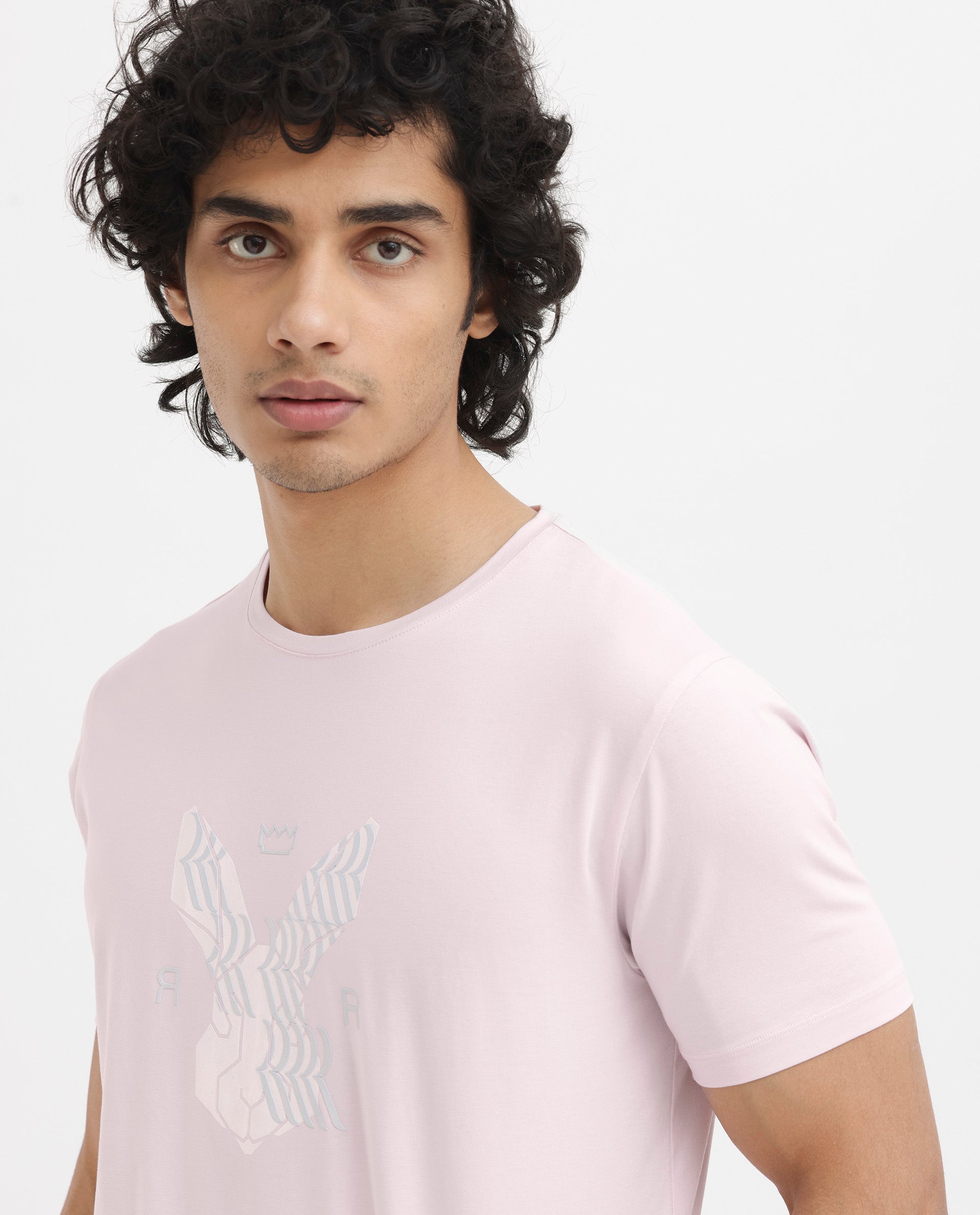 Rare Rabbit Mens Iced Pastel Pink Cotton Lycra Fabric Short Sleeve Logo Graphic Print T-Shirt