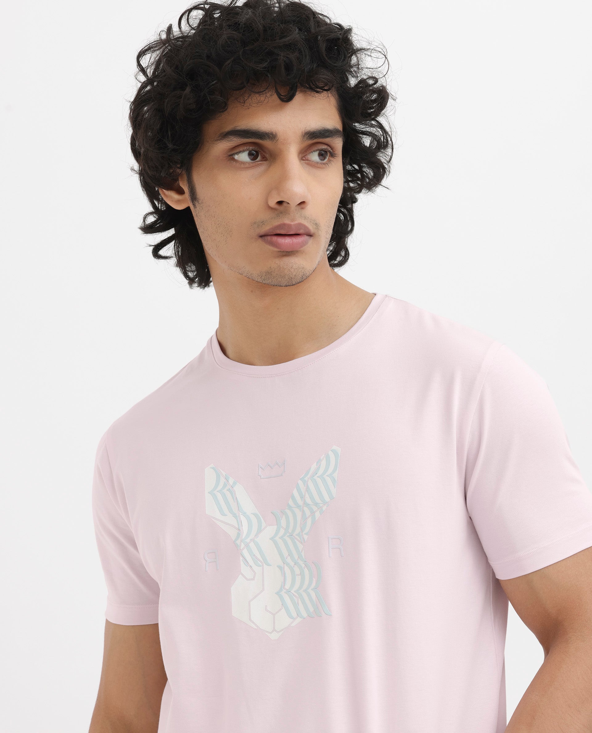 Rare Rabbit Mens Iced Pastel Pink Cotton Lycra Fabric Short Sleeve Logo Graphic Print T-Shirt