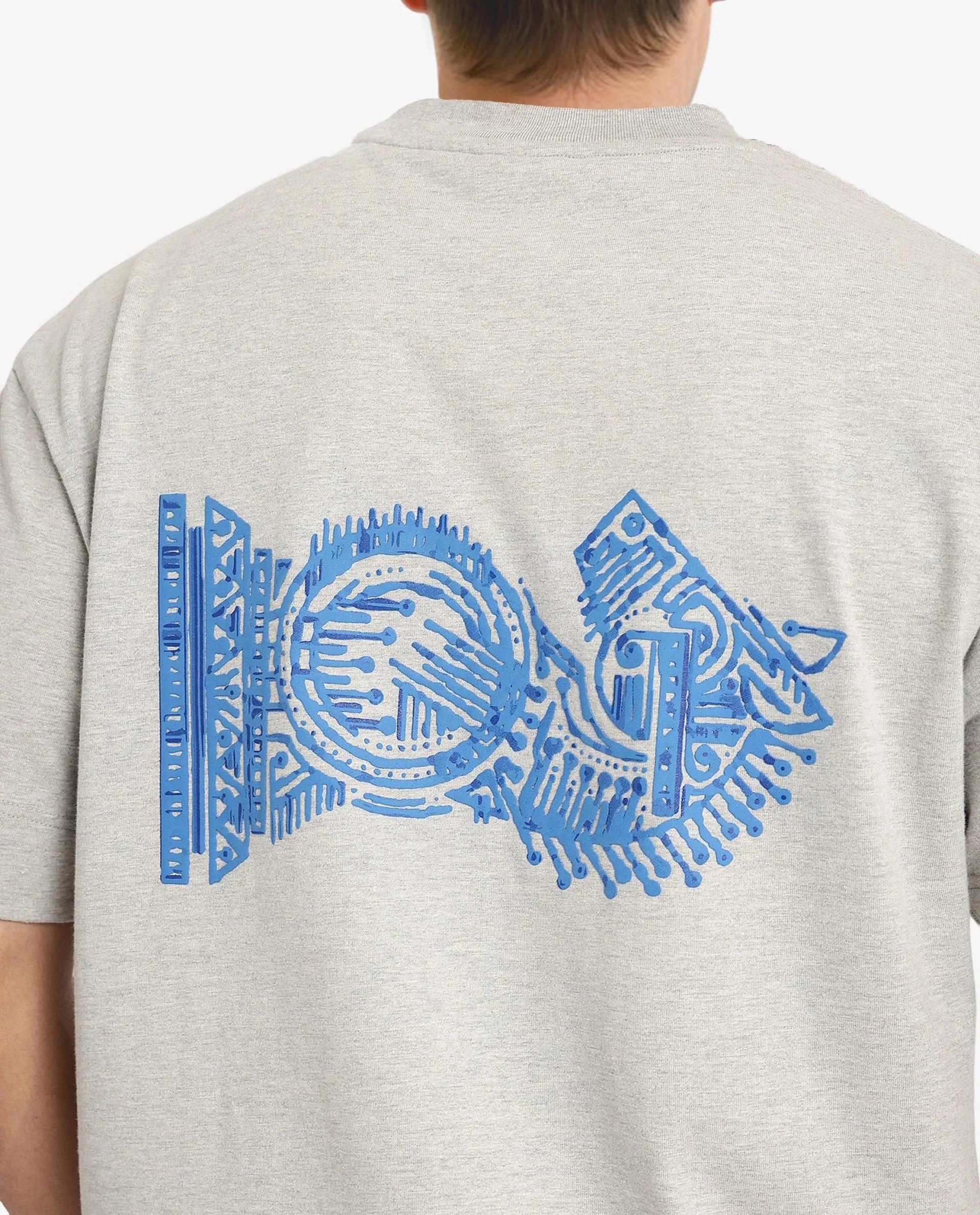 Rare Rabbit Men Ight Melange Grey Cotton Fabric Short Sleeve Crew Neck Oversized Fit Graphic Back Print T-Shirt