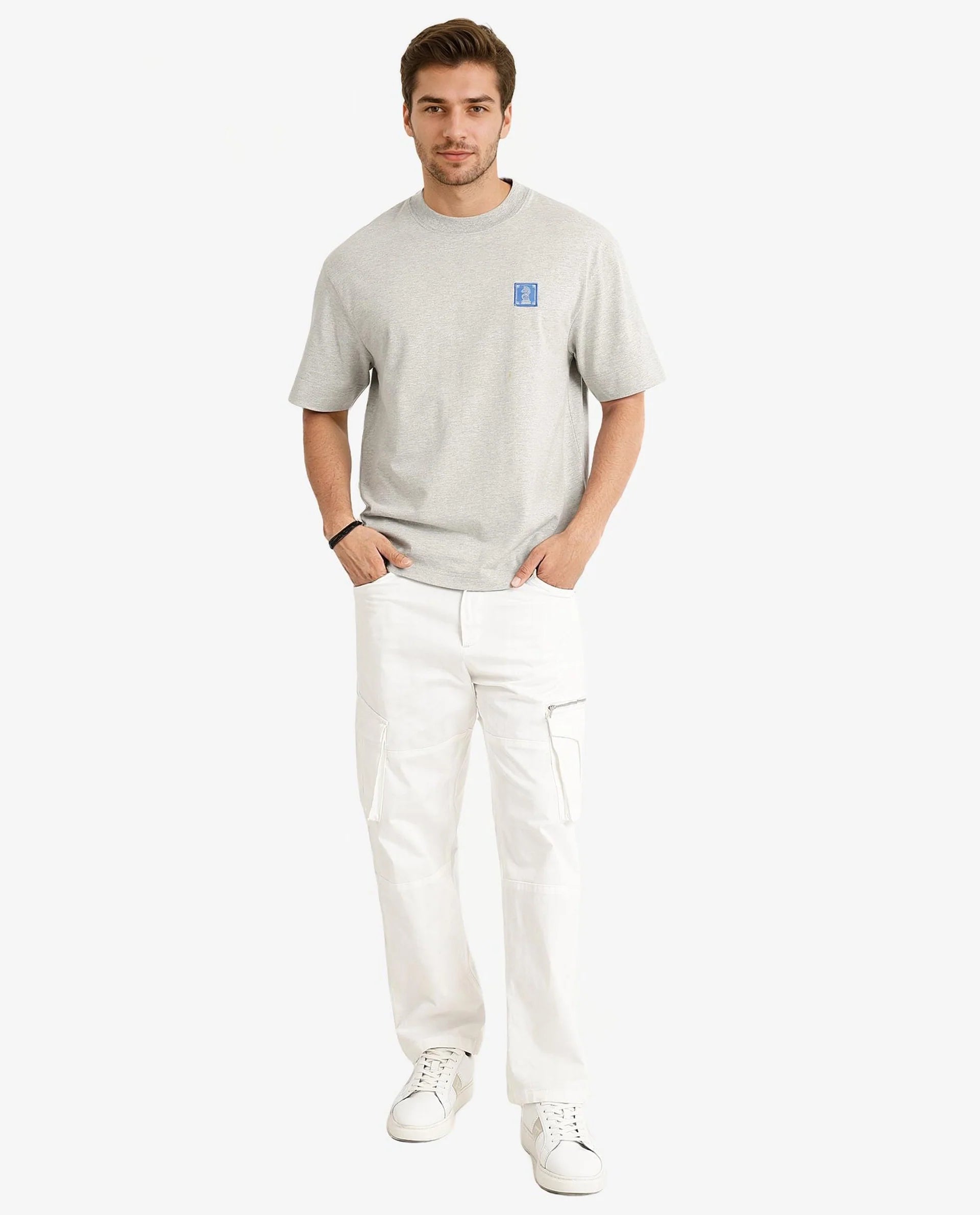 Rare Rabbit Men Ight Melange Grey Cotton Fabric Short Sleeve Crew Neck Oversized Fit Graphic Back Print T-Shirt