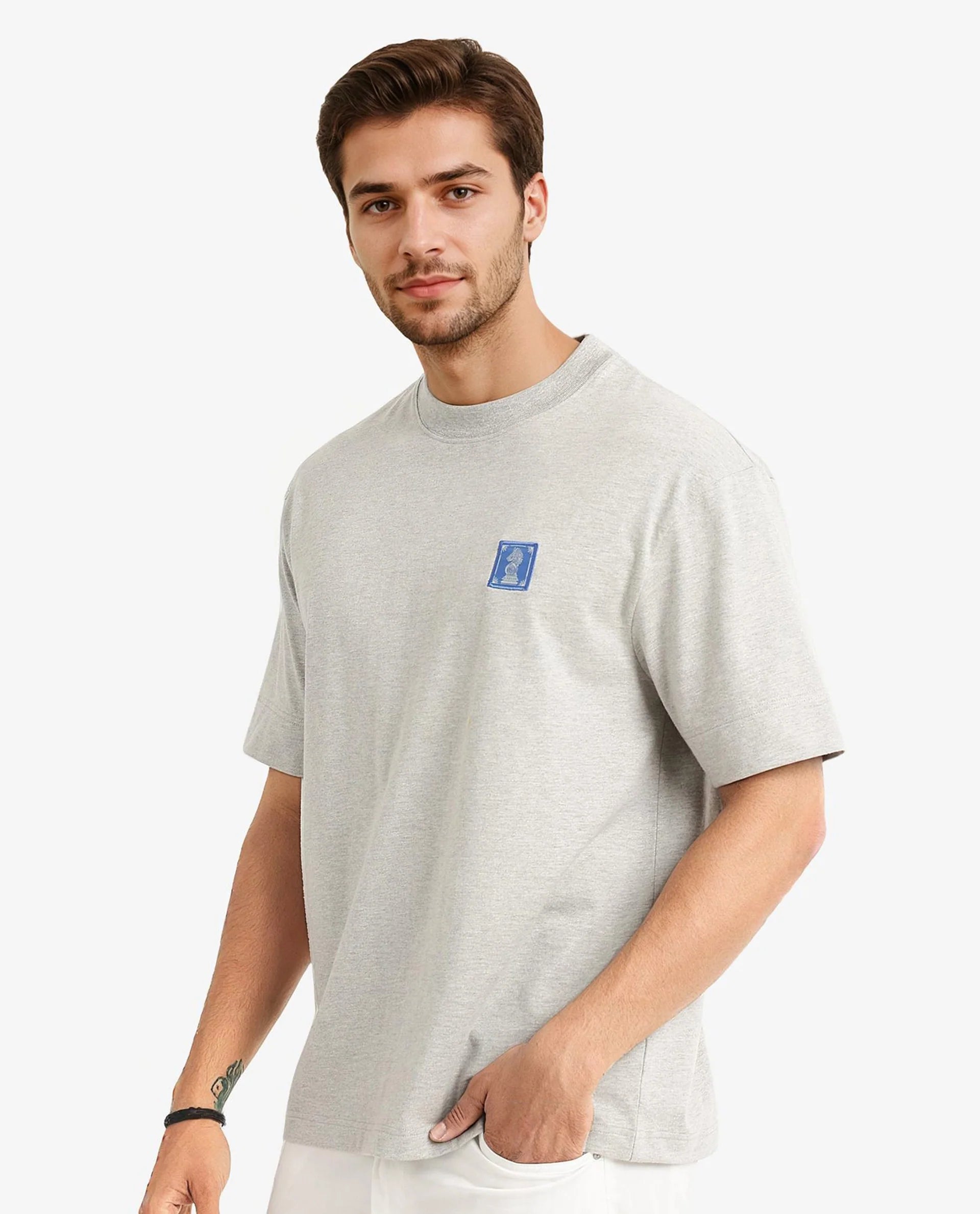 Rare Rabbit Men Ight Melange Grey Cotton Fabric Short Sleeve Crew Neck Oversized Fit Graphic Back Print T-Shirt