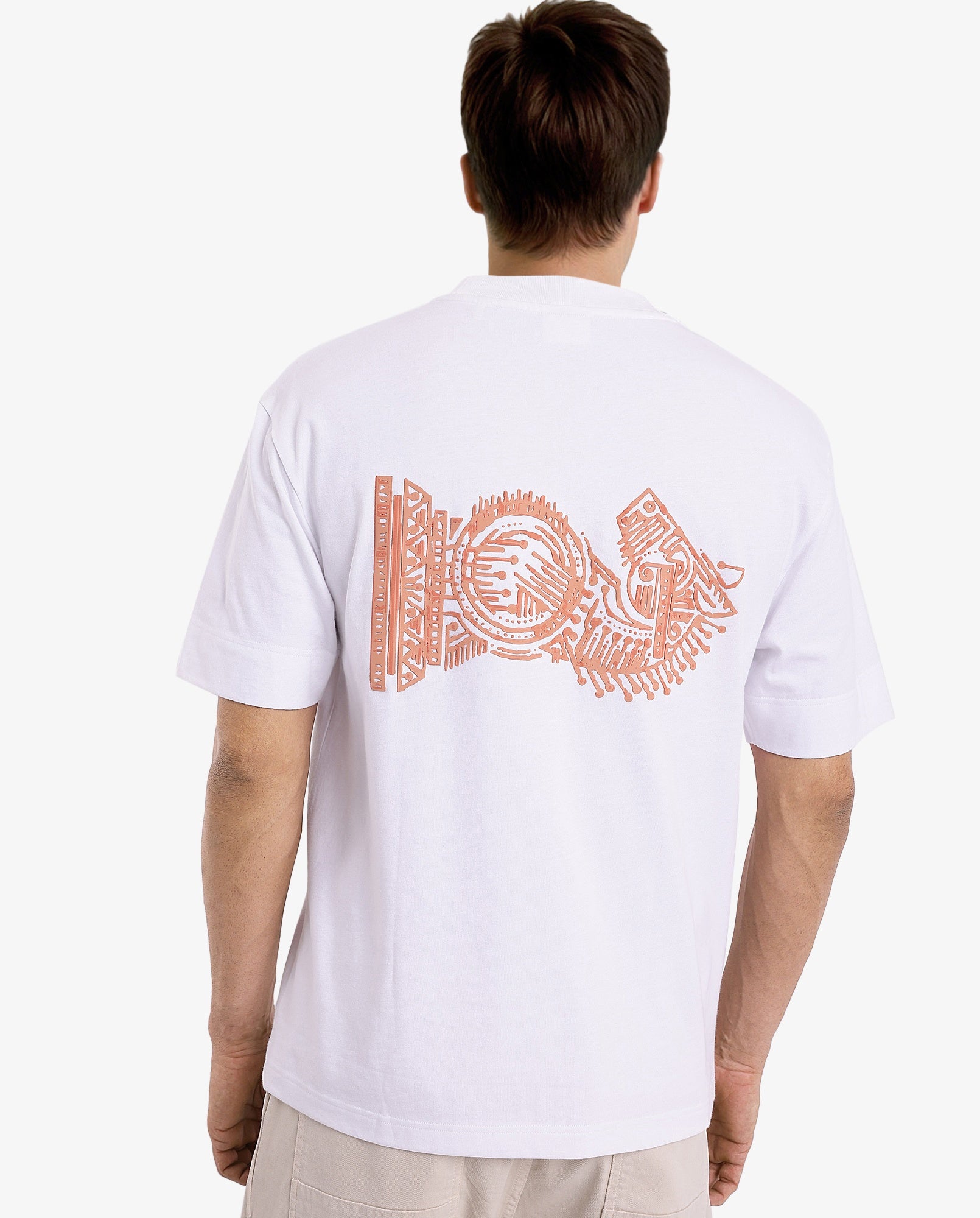 Rare Rabbit Men Ight White Cotton Fabric Short Sleeve Crew Neck Oversized Fit Graphic Back Print T-Shirt