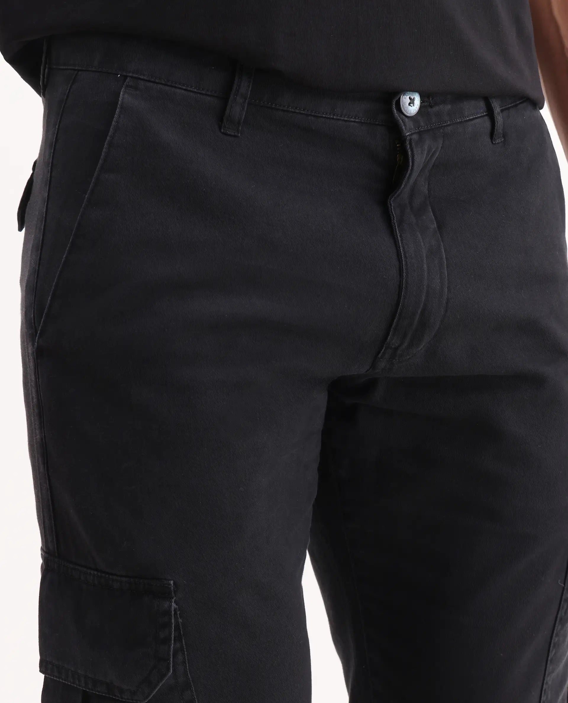 Rare Rabbit Men's Inbuil Black Cotton Plain Regular Fit Trouser