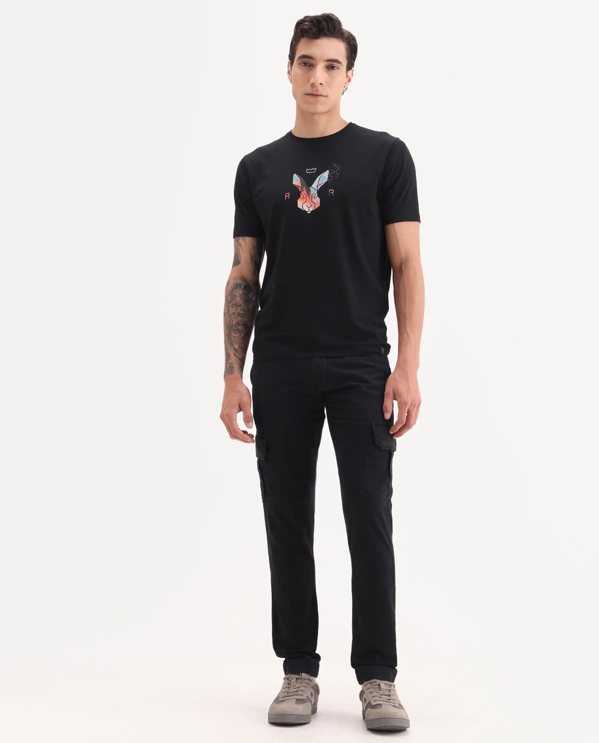 Rare Rabbit Men's Inbuil Black Cotton Plain Regular Fit Trouser