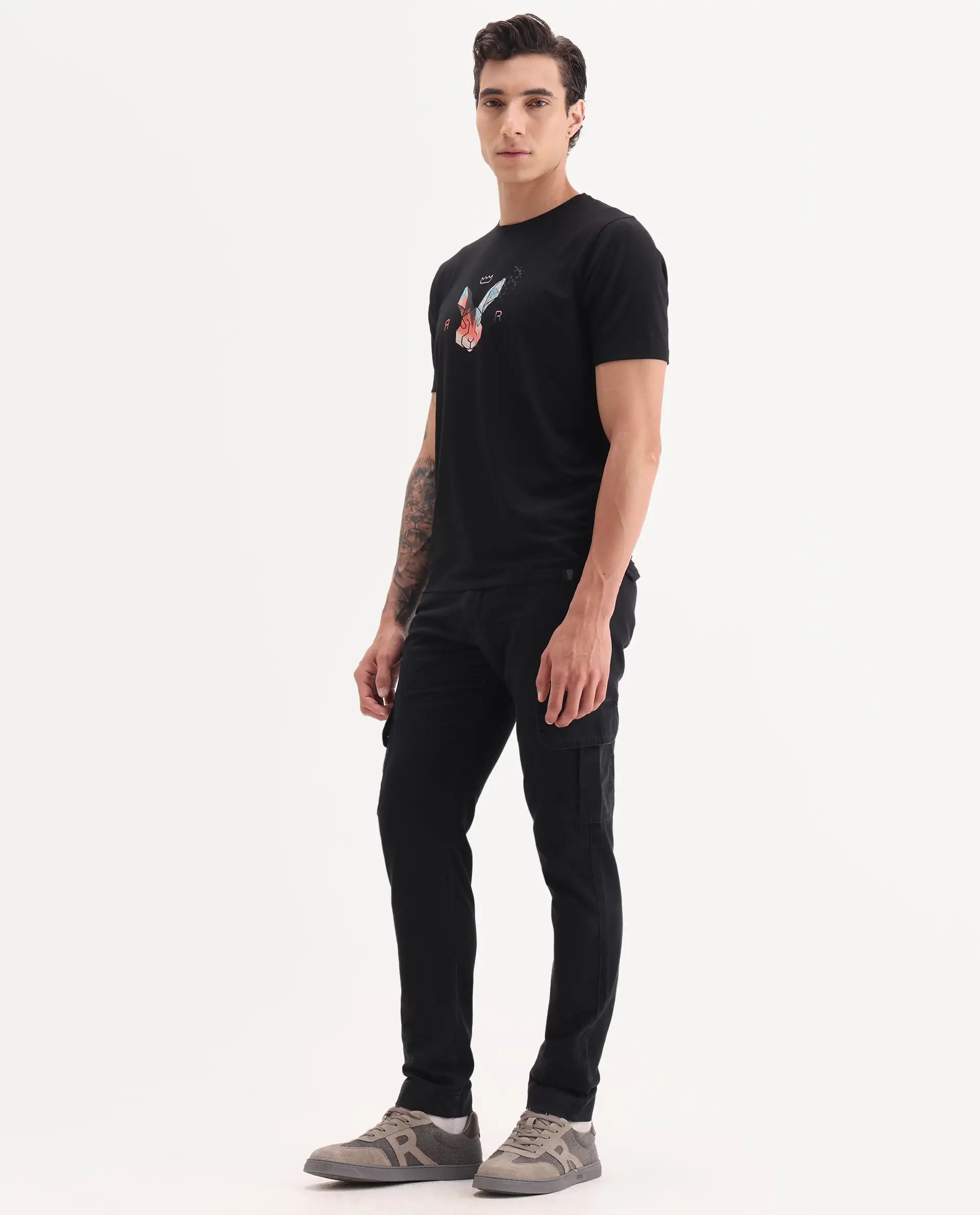 Rare Rabbit Men's Inbuil Black Cotton Plain Regular Fit Trouser