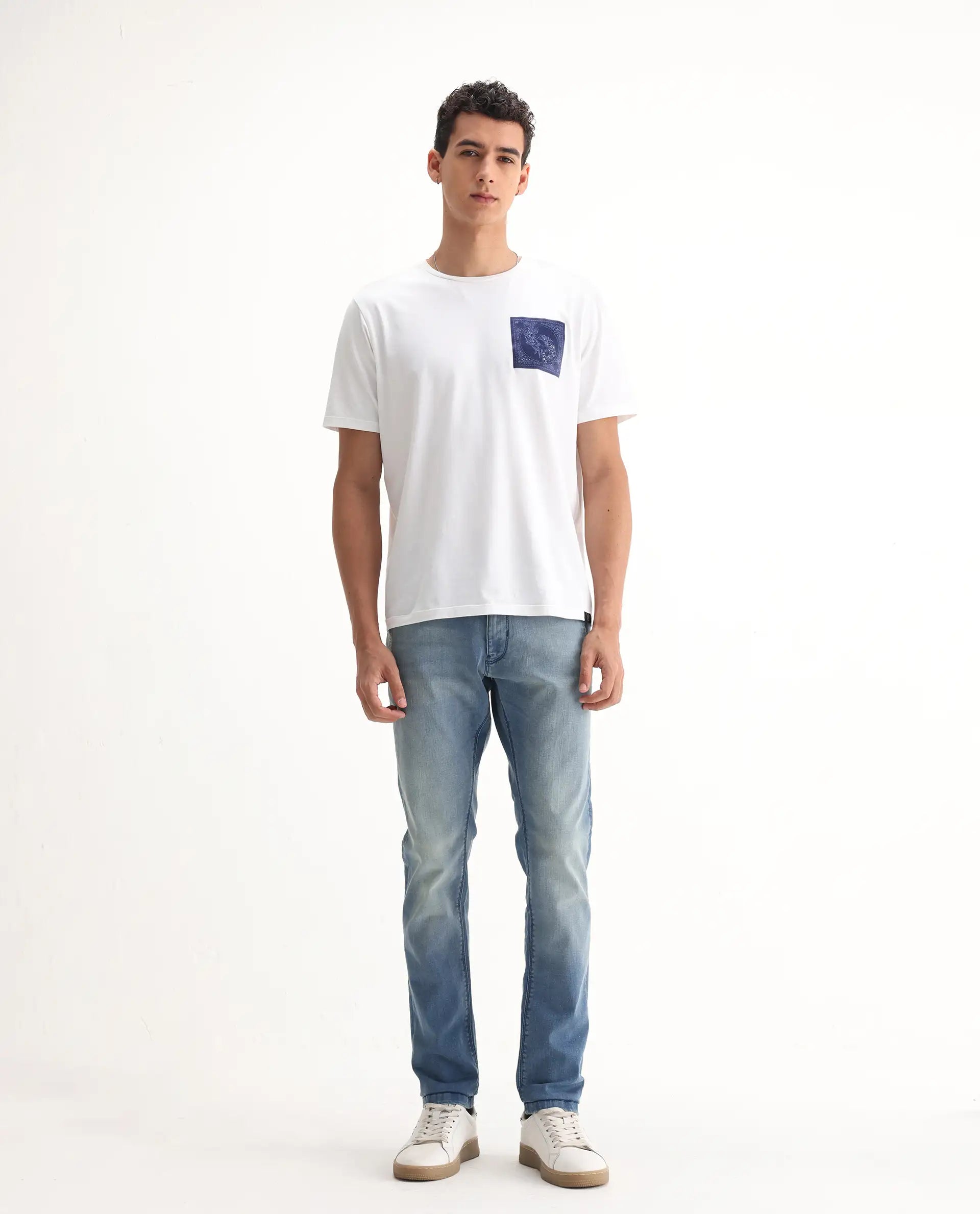 Rare Rabbit Men's Indus Blue Cotton Plain Hawk Slim Fit Jeans