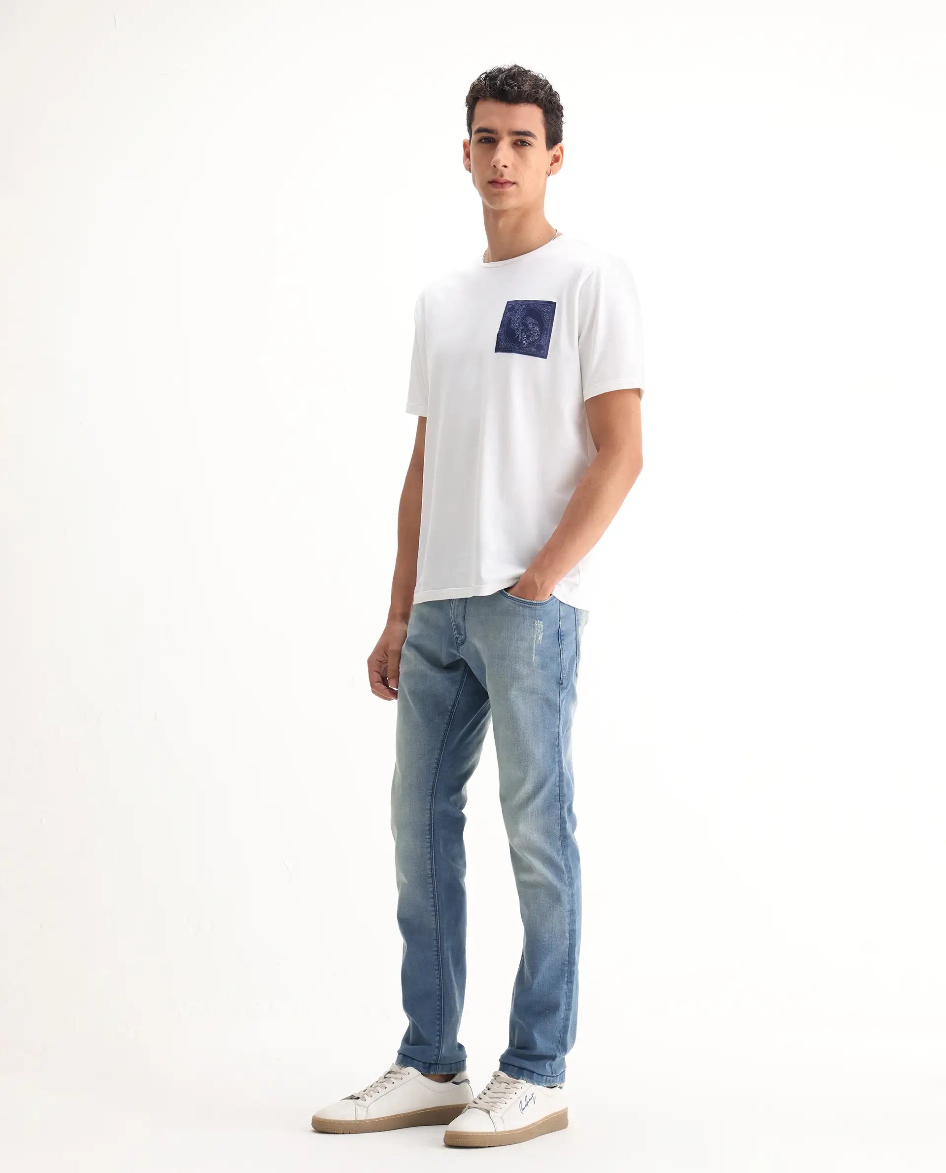 Rare Rabbit Men's Indus Blue Cotton Plain Hawk Slim Fit Jeans