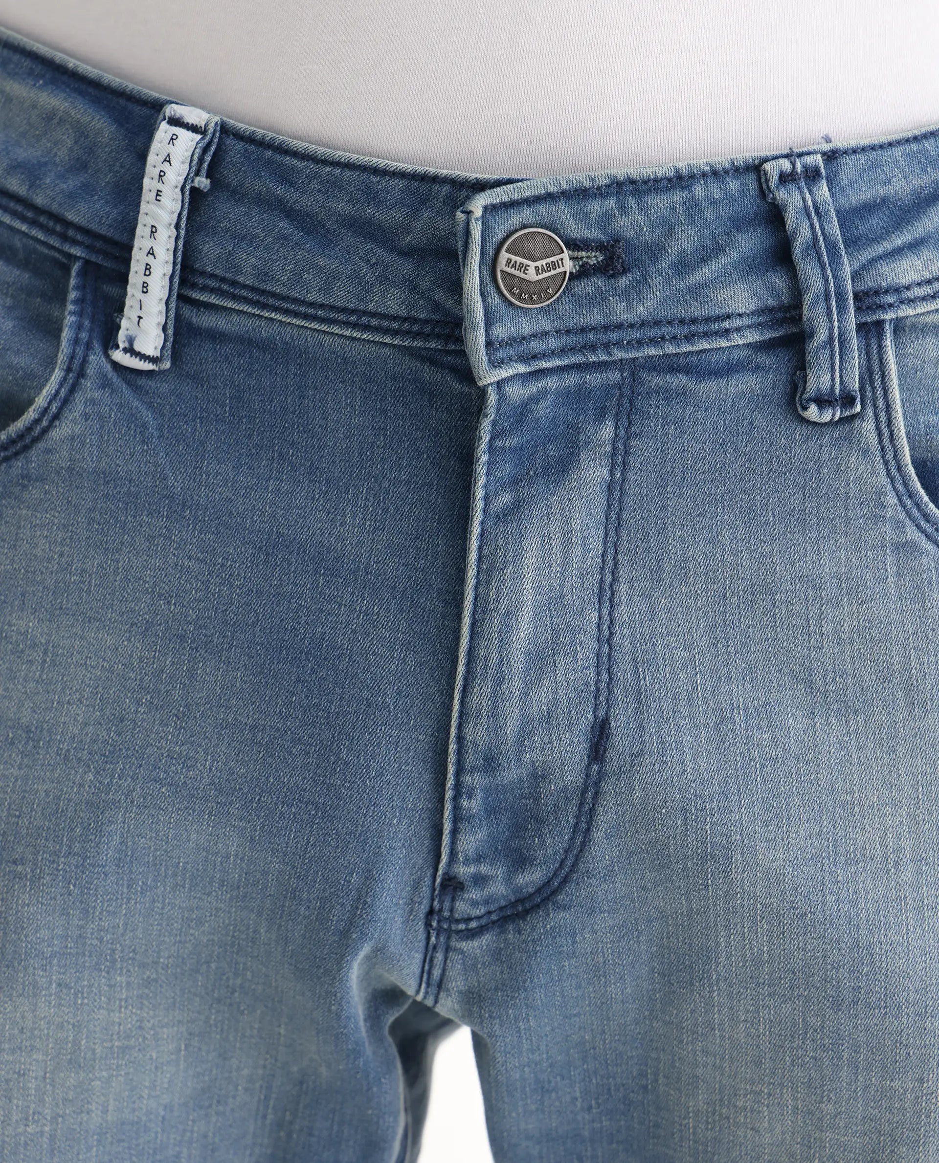 Rare Rabbit Men's Indus Blue Cotton Plain Hawk Slim Fit Jeans